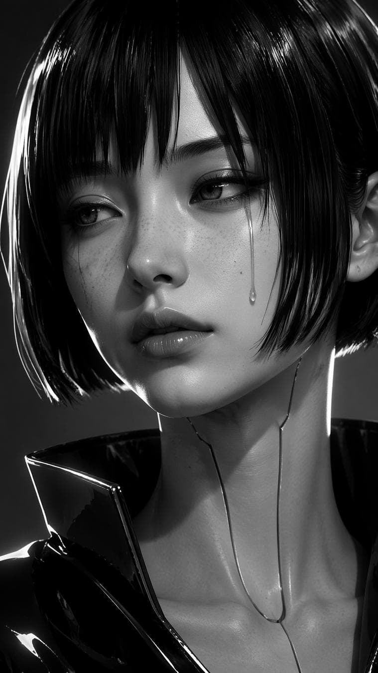 { "id": "prompt_002_cyber_cyberpunk_geisha", "theme": "Synthetic Melancholy", "aesthetic_blend": "Cyberpunk Neo-Noir x Classic Manga Android Aesthetics", "instagram_optimization": "4:5 Vertical Feed Format, high-specular facial highlights that pop on mobile OLED screens, minimalist geometry", "character_description": { "features": "A female android character with an avant-garde Cyberpunk/Ghost-in-the-shell aesthetic. Perfect, symmetric anime facial proportions balanced by human flaws. Sleek, razor-cut asymmetrical bob haircut with a synthetic glass-like sheen.", "skin_texture": "Hyper-realistic skin with delicate, visible pores, light freckles across the bridge of the nose, contrasting sharply with seamless, polished porcelain cranial seam lines running down her neck.", "expression": "A vacant, melancholic stare directed slightly off-camera. A single crystal-clear, photorealistic tear roll captured mid-trace down her left cheek.", "wardrobe": "A high-gloss, reflective vinyl structured collar that frames the jawline." }, "studio_setup": { "environment": "Dark studio setting with a clean, dark-gray seamless paper backdrop exhibiting a smooth gradient falloff.", "framing_composition": "Tight headshot, rule-of-thirds alignment with the dominant eye resting on the upper-left intersection." }, "lighting_specifications": { "setup_type": "High-Key Specular / Rim-Dominant Profile Lighting", "key_light": { "type": "Small, concentrated beauty dish", "position": "Directly overhead, slightly forward (Paramount/Butterfly lighting position)", "intensity_ratio": "3:1", "purpose": "Creates a distinct shadow directly under the nose and accentuates the clean, anime-styled jawline and collarbone structures." }, "fill_light": { "type": "White reflector panel", "position": "Below the chin", "purpose": "To softly bounce light back into the eyes, adding a brilliant, reflective catchlight." }, "rim_light": { "type": "Dual vertical strip boxes", "position": "Positioned behind the subject on both left and right sides", "intensity": "Very High", "purpose": "To create a dual rim-glow along both profiles of…