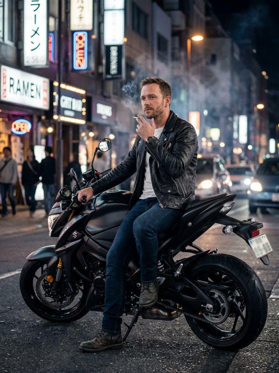 { "style": "photorealistic", "subject": "adult man smoking a cigarette while sitting on a motorbike", "appearance": { "age": "mid-30s", "expression": "calm, slightly serious", "beard": "light stubble", "clothing": "black leather jacket, white t-shirt, dark jeans, boots" }, "pose": "sitting casually on the motorbike, one foot on the ground, holding a cigarette near his mouth", "vehicle": { "type": "modern sport motorbike", "color": "matte black", "details": "clean chrome accents, realistic reflections" }, "environment": { "location": "urban street at night", "lighting": "cinematic street lights, soft rim light, subtle neon reflections", "atmosphere": "slight smoke haze blending with…