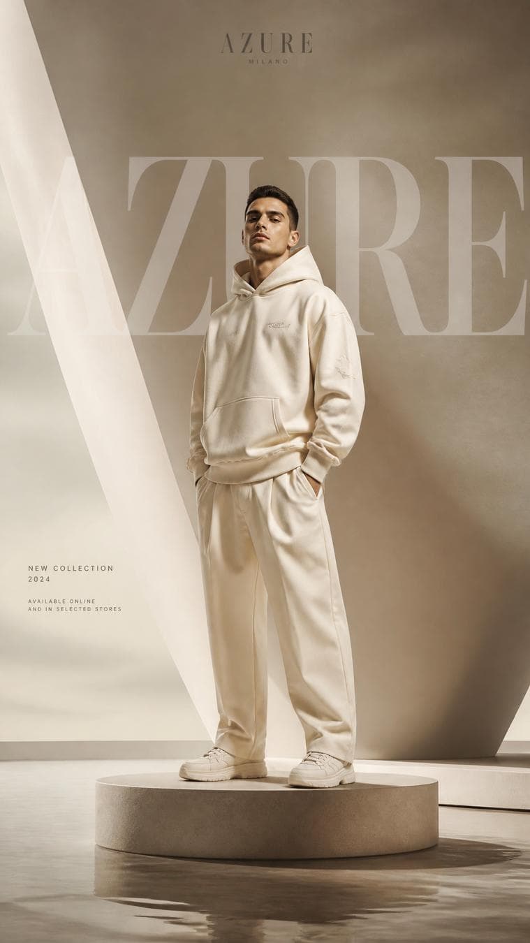 Ultra-luxury clothing brand advertising poster, vertical 9:16 fashion campaign, confident male model wearing an oversized premium cream hoodie and tailored trousers, standing on a minimalist sculptural platform, clean monochromatic beige and ivory color palette, soft architectural background with smooth curved walls, dramatic luxury fashion composition, oversized semi-transparent typography integrated into the background, premium fabric textures with realistic folds and stitching, cinematic studio lighting, subtle floor reflections, elegant shadows, sophisticated visual hierarchy, luxury streetwear aesthetic, modern designer…
