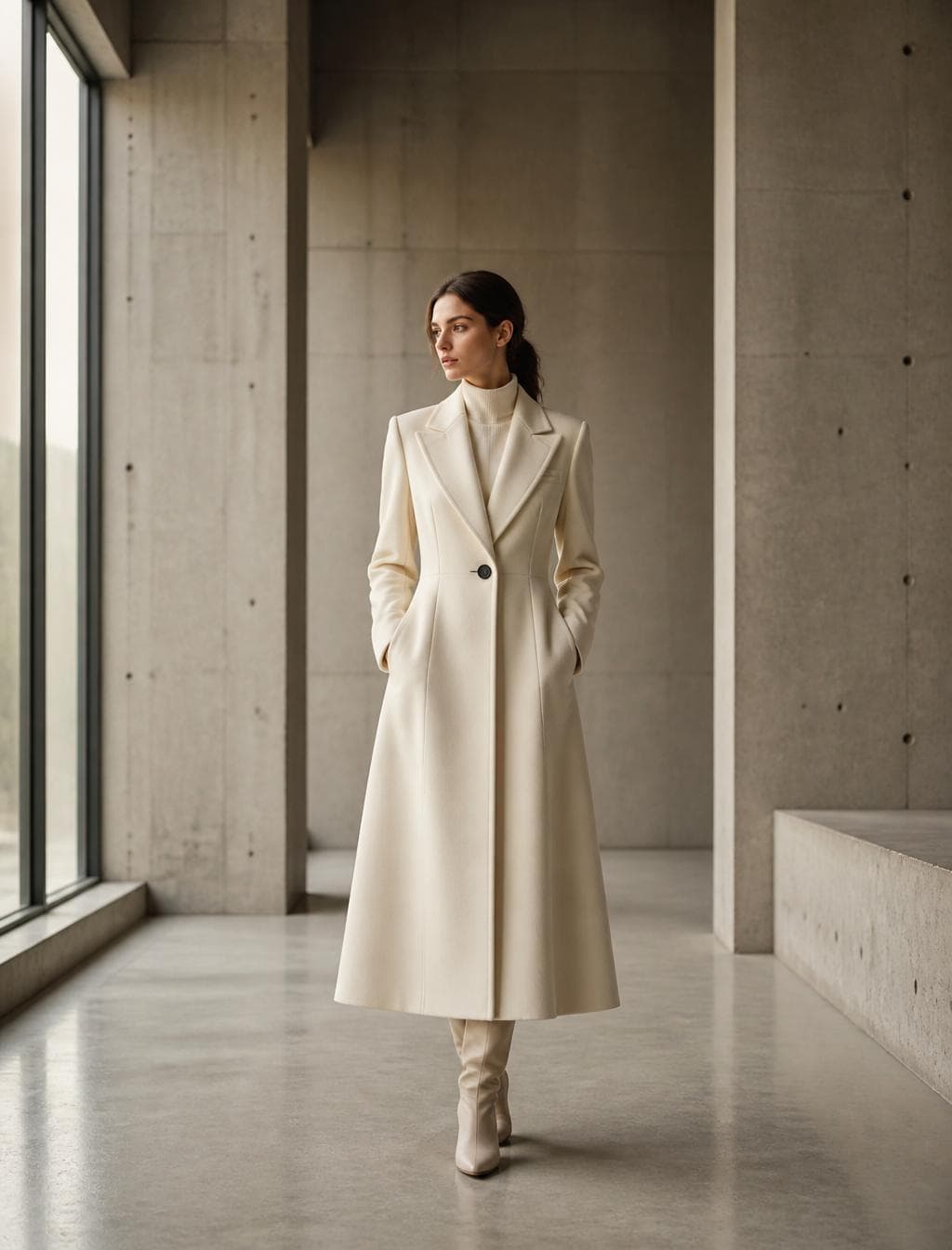 Full-body editorial fashion portrait of an elegant woman wearing a structured, tailored ivory wool coat with visible textile weave. The subject is positioned in a vast, minimalist architectural concrete gallery with clean lines and brutalist geometry. Composition and framing captured with a Hasselblad H6D-100c and 85mm lens, f/2.8, creating a shallow depth of field that softly blurs the background textures. The perspective is a balanced, symmetrical full-length shot in the style of high-end fashion editorials. Lighting and atmosphere defined by soft, diffused natural light pouring from a large floor-to-ceiling side window, casting gentle highlights on the fabric and creating a serene, muted warm color palette. The mood is…