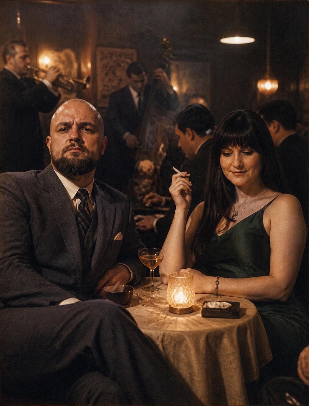1955 underground jazz club, smoky atmosphere, elegant men in tailored suits and women in classic dresses quietly enjoying live jazz, bartender polishing crystal glasses, candid conversations, soft tungsten lighting, subtle cigarette smoke drifting through the room, nobody looking at the camera, authentic documentary moment, National Geographic archive, LIFE Magazine 1955, authentic Kodachrome slide film, found family album photograph, amateur documentary…