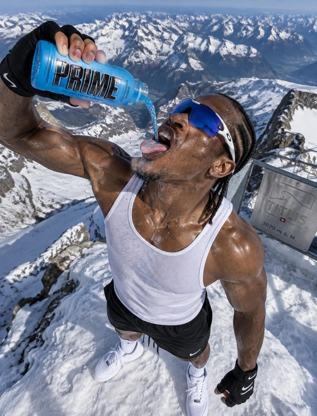 Dynamic overhead angle photograph of muscular athletic man with cornrow braids and bright blue mirrored sport sunglasses, mouth wide open with tongue out, pouring blue Prime hydration drink bottle into his mouth with liquid stream visible, wearing black fingerless workout gloves. He's extremely sweaty with heavy sweat droplets and moisture covering his face, neck, shoulders and arms. Wearing white ribbed tank top, black shorts, white Nike Air Force 1 sneakers with white Nike socks. Shot from directly above at bird's eye view angle. Background: standing on snowy summit of Mount Titlis with dramatic Swiss Alps mountain peaks, snow-covered ridges, and blue sky visible…