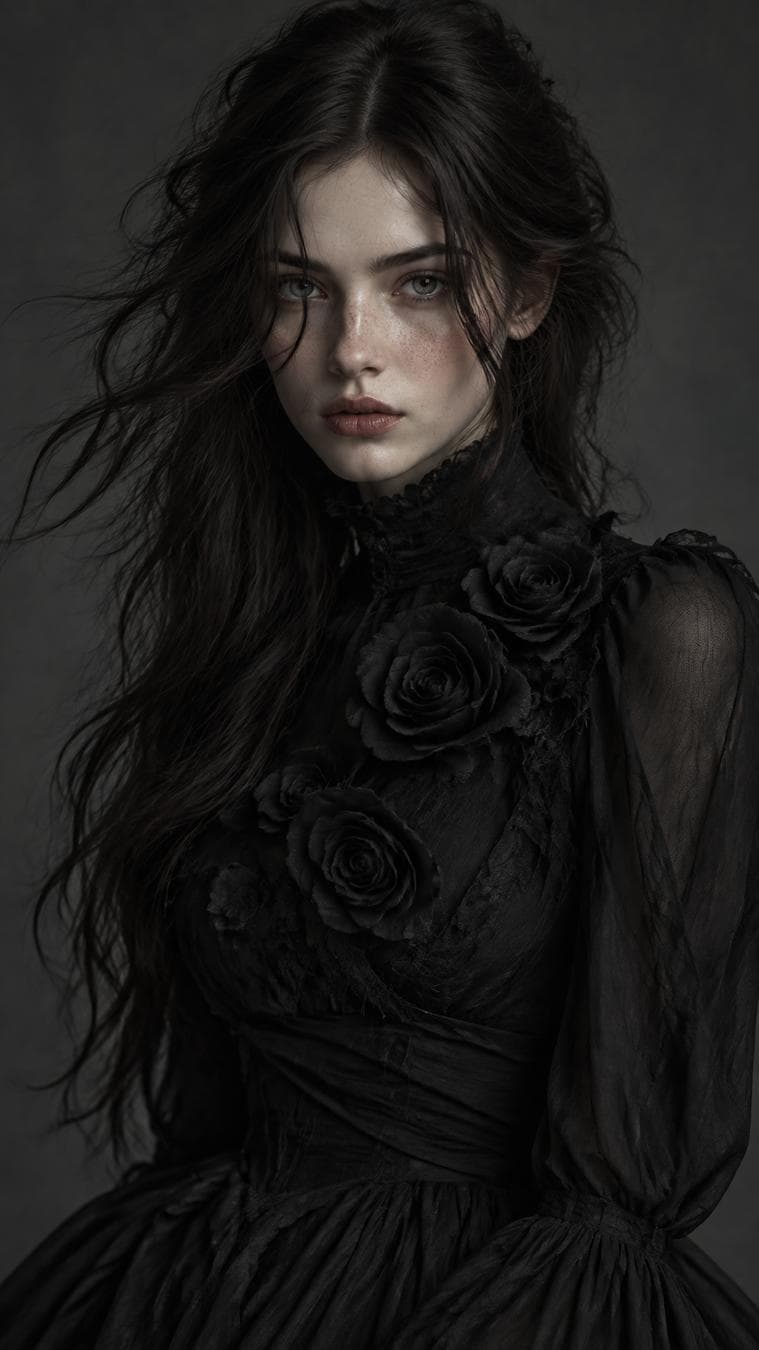 { "Objective": "Create a cinematic fine-art portrait with gothic elegance and high-fashion editorial refinement", "PersonaDetails": { "Subject": { "Type": "Young woman", "Skin": { "Tone": "Pale", "Details": "Subtle freckles, natural skin texture preserved" }, "Eyes": "Deep grey-green eyes with an emotionless, haunting gaze", "Hair": { "Style": "Long dark hair", "Movement": "Softly windswept across the face with natural texture" }, "Expression": "Calm, detached, mysterious" } }, "Wardrobe": { "Dress": { "Type": "Elegant black high-neck dress", "Details": "Sculpted black roses adorning the chest", "Style": "High-fashion, gothic couture" } }, "SceneDescription": { "Environment": "Minimalist studio setting", "Background": { "Color": "Charcoal grey", "Mood": "Dark, understated, atmospheric" } }, "Composition": { "Framing": "Mid-length to close-up portrait", "Balance": "Centered, poised, editorial composition", "DepthOfField": "Shallow depth of field isolating the subject" }, "LightingAndMood": { "LightingStyle": "Soft directional studio lighting", "ShadowQuality": "Gentle, sculpting shadows", "Contrast": "Controlled, cinematic contrast", "Mood": "Moody, refined, haunting" }, "ArtDirection": { "Style": "High-fashion editorial photography", "Aesthetic": "Gothic elegance, dark romanticism", "ColorPalette": "Muted monochrome tones (black, charcoal, soft greys)", "TextureEmphasis": […