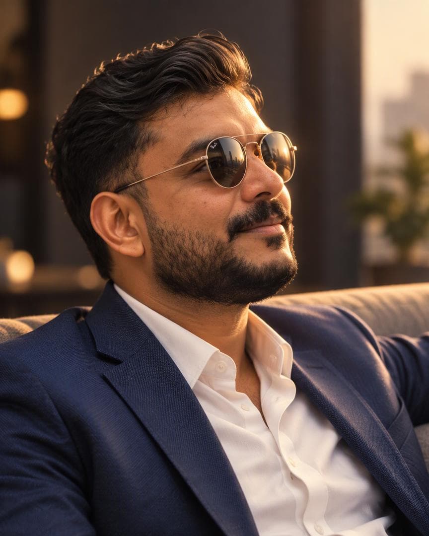 A cinematic, high-resolution photograph of a man in profile, wearing round-framed sunglasses with reflective lenses that catch the ambient glow. He is seated on a soft couch, his head slightly tilted upward, lost in thought or contemplation…