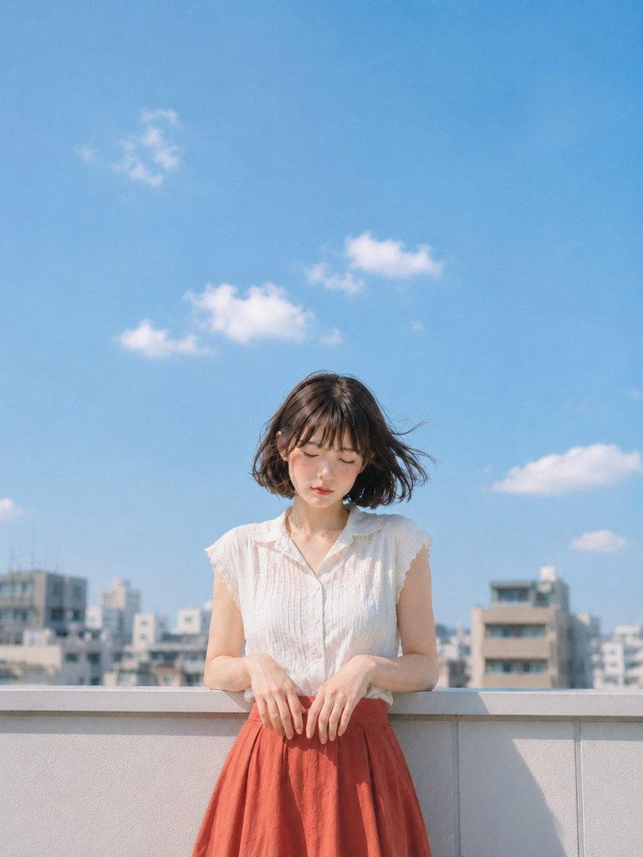 主題： 雲を数える手 主体： 縦長4:5の写真風ポートレート。明るい夏空の下、都会のマンション屋上で、自然な雰囲気の女性が白い手すりにもたれて立っている。人物は画面中央やや下寄り、上半身から膝上までが入り、画面上部の約半分以上は青空の広い余白にする。 人物・表情： 短めのダークブラウンのボブヘア。薄い前髪と顔まわりの髪が風で軽く横へ流れている。目を閉じ、口元は力を抜いた静かな表情。頬に自然な血色と小さなハイライトがあり、清潔感のある日系メイク。顔はわずかに下を向き、まぶしい夏の日差しを受け止めているような穏やかな印象。 服装・ポーズ： 白いノースリーブの夏ブラウス。胸元に細かなピンタック、袖口に控えめなレース、薄手コットンの軽い透け感。下は赤みのあるテラコッタカラーのハイウエストスカート。両肘を手すりの内側に近づけ、両手を前に垂らす。人物自身の左右の指先は自然にゆるく曲がり、手すりの上で重力に沿って落ちる。肩と首まわりは脱力して、風を受けて髪と服の端だけが少し揺れている。 背景・光： 背景は都市部の低層マンション群が遠くにぼけて見える屋上。空は明るい水色で、上空に小さな自然な白い雲が数個だけ浮かぶ。物干し竿、洗濯物、浮遊する服、人工的な雲の塊は入れない。主光は画面左上からの強めの夏の日差し。顔、肩、ブラウスの上面が明るく照らされ、手すりとスカートにくっきりした影が落ちる。反射光は白い壁と手すりから柔らかく返る。 構図・カメラ：…