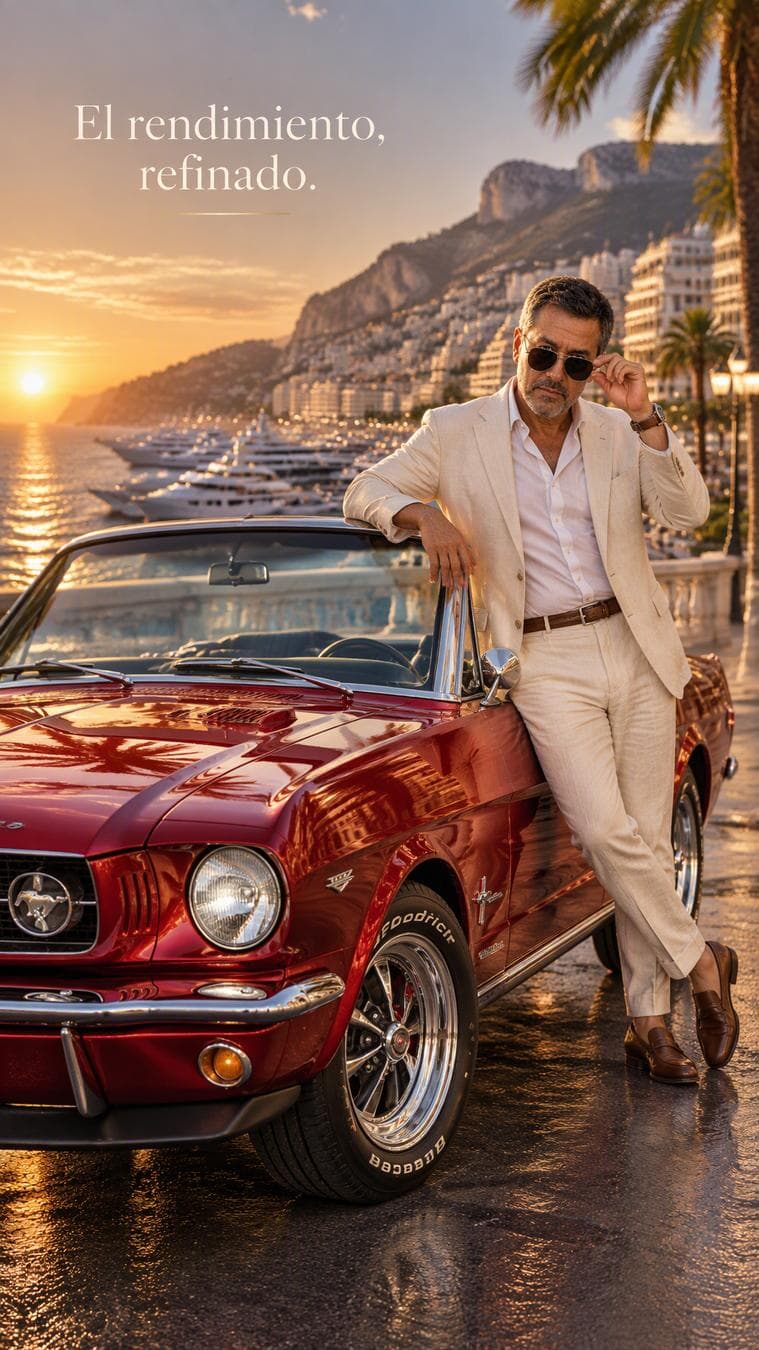 El personaje en la imagen de referencia 1 Campaña automotriz de lujo vertical 8K ultra fotorealista, 9:16, con un impresionante Mustang descapotable del año 1965 en rojo metálico Rosso Corsa profundo, estacionado a lo largo de la elegante Riviera de Mónaco durante la hora dorada. El coche está posicionado en un ángulo frontal dramático de tres cuartos sobre el asfalto costero inmaculado, con el mar Mediterráneo, yates de lujo, palmeras y la arquitectura de la ladera de Mónaco que se extiende en el fondo.El Mustang tiene pintura roja de metal líquido impecable con escamas metálicas microscópicas, capa transparente cristalina, reflejos realistas del océano y la arquitectura, carrocería aerodinámica esculpida, divisor de fibra de carbono, entradas de aire agresivas, detallados faros LED, ruedas de aleación mecanizadas de precisión, pinzas de freno rojas, paredes laterales de neumáticos realistas, reflejos de vidrio, pequeñas imperfecciones superficiales y materiales físicamente precisos.Junto a la puerta del conductor hay un caballero carismático que lleva un traje de lino crema impecablemente diseñado, camisa blanca de cuello abierto, calzas de cuero marrón, reloj de lujo, gafas de sol de aviador oscuras y un estilo mediterráneo sutil. Su ropa muestra fibras de lino realistas, arrugas naturales y el movimiento de la brisa del mar.Casualmente se apoya contra el coche con una mano descansando en el techo mientras que la otra sostiene sus gafas de sol ligeramente lejos de su cara, mirando hacia la cámara con confianza sin esfuerzo. Su expresión comunica riqueza, sofisticación, libertad y un poder subestimado.La cálida luz de la puesta de sol crea reflejos dorados en todo el Mustang, mientras que la luz ambiental azul fría del océano llena las sombras. Las hojas de palma arrojan delicadas sombras en movimiento sobre la carrocería. La carretera costera húmeda crea…