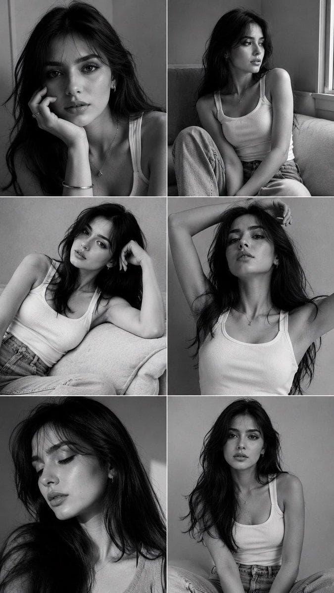 Edit the photo while preserving the subject’s exact facial features and identity. Create a high-resolution vertical portrait composition (9:16), ultra-detailed, sharp focus throughout, no background blur, rendered with a premium 8K editorial finish. Design the image as a sophisticated black-and-white fashion portrait collage arranged in a 2×3 grid, featuring six unique frames of the same young woman in a clean, minimalist indoor studio environment. The overall aesthetic should feel elegant, cinematic, intimate, and effortlessly stylish, inspired by timeless monochrome fashion editorials and luxury magazine photography. Hair is long, reaching the waist, colored a cool ash-brown with subtle gray undertones. Styled in a Korean-inspired hush cut with soft face-framing layers, airy see-through bangs, and sleek straight lengths that gently curve outward at the ends. The texture appears silky, healthy, and glossy, with a few natural flyaway strands for realism. Beauty styling remains refined and understated: luminous hydrated skin, naturally feathered brows, subtle brown eyeliner, soft mascara, muted nude lips with a velvety finish, and barely-there blush for a fresh editorial appearance. Wardrobe consists of a fitted white rib-knit tank top paired with relaxed high-waisted vintage-wash denim jeans, visible in selected frames. Accessories include matte black nail art, delicate silver hoop earrings, multiple silver rings, and a slim silver wristwatch, contributing to a contemporary fashion-editorial mood. Collage Frame Concepts: • Frame 1 — Tight portrait crop, fingertips resting softly against the cheek, direct eye contact, confident yet gentle expression. • Frame 2 — Casual seated pose on a sofa, body turned slightly to one side, gaze directed away from the camera in a contemplative moment. • Frame 3 — Relaxed reclining position with one knee bent, leaning comfortably into an arm, creating a graceful editorial silhouette. • Frame 4 — Arms lifted behind the head, posture open and self-assured, subtle lean backward conveying effortless confidence. • Frame 5 — Emotional close portrait with a slight head tilt and closed eyes, emphasizing calmness and quiet introspection. • Frame 6 — Front-facing seated composition with composed expression and subtle movement through the hair for a natural, candid feel. Environment remains intentionally simple: a light-toned studio wall with a neutral sofa…