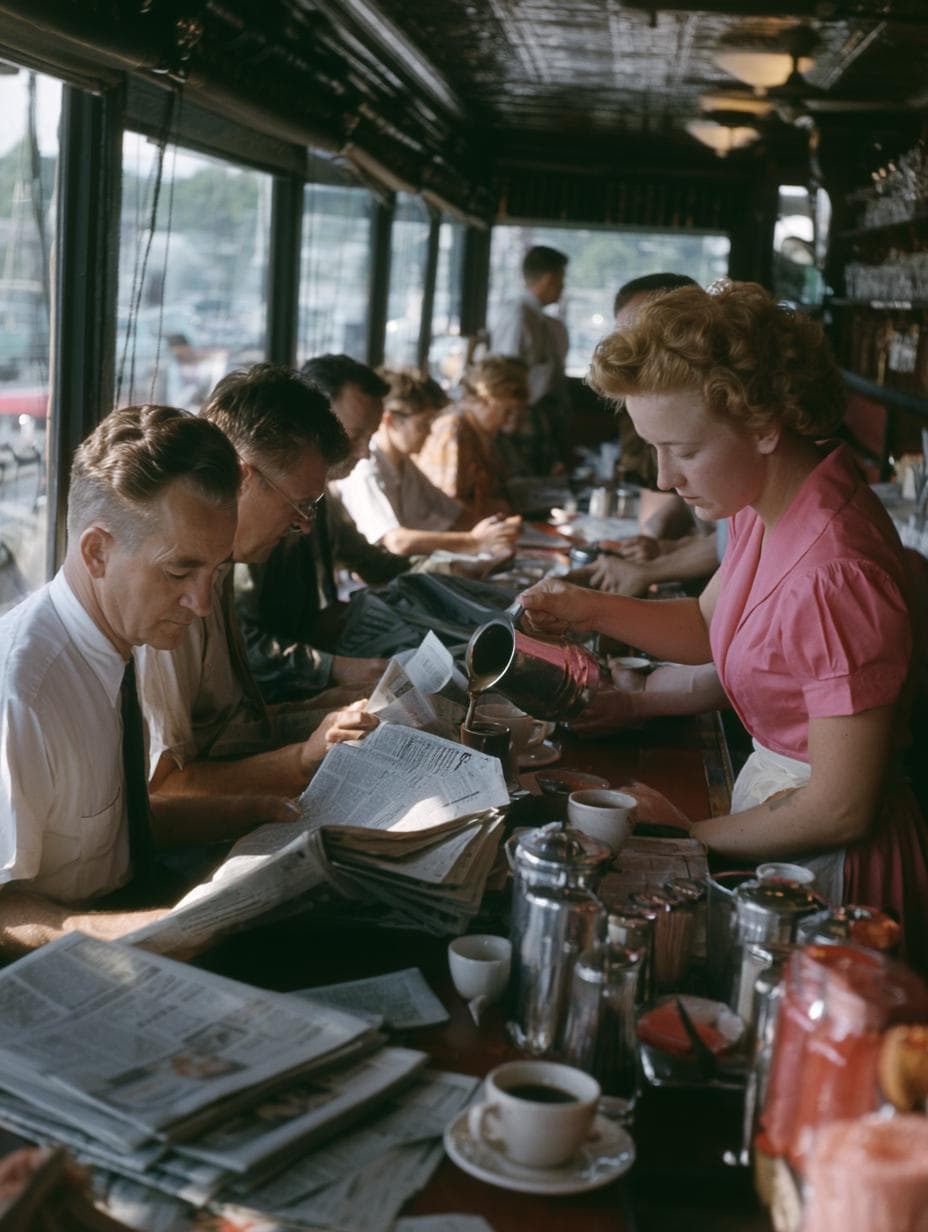 1954 neighborhood coffee shop filled with office workers reading newspapers, waitress pouring fresh coffee, casual conversations, sunlight entering through large front windows, nobody posing, quiet everyday American life, authentic documentary photography, National Geographic archive, LIFE Magazine 1955, authentic Kodachrome slide film, found family album photograph…