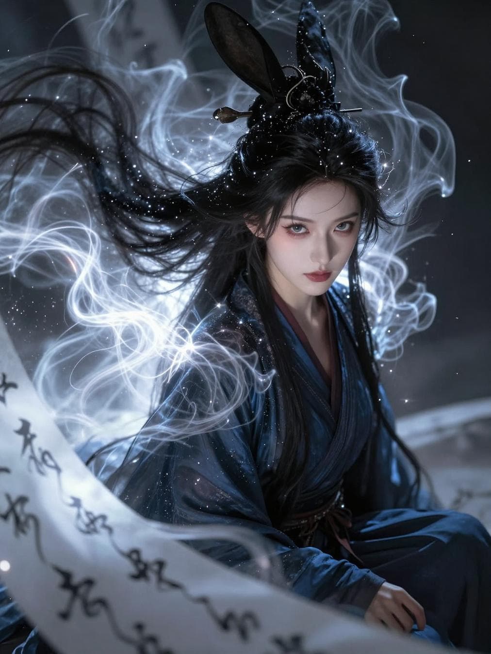 ((masterpiece)), anime-style portrait, upper body, woman with hair dissolving into ethereal abstract smoke and light trails, cosmic sparkles around, surreal lighting, ultra sharp face focus, 8k resolution, masterpiece,highres,best quality, very aesthetic, absurdres, newest, highly-detailed, intricate and beautiful,detailed light,(highly detailed),(ultra-detailed),((extremely detailed)),(high resolution),((motion traces, dynamic traces, movement traces)),((dynamic pose, dynamic view, dynamic angle, smoke aura flow, energy flow, atmosphere particles glow fog, rising particles, glowing particles)), floating long hair,cinematic…