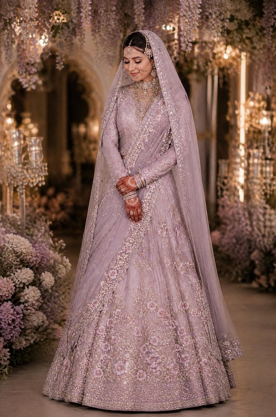 Replace the face with the uploaded reference. Create an ultra-realistic Indian bride in a fully covered pastel [COLOR] bridal lehenga with intricate embroidery, full sleeves, high neckline, dupatta pinned in elegant veil style, premium bridal…