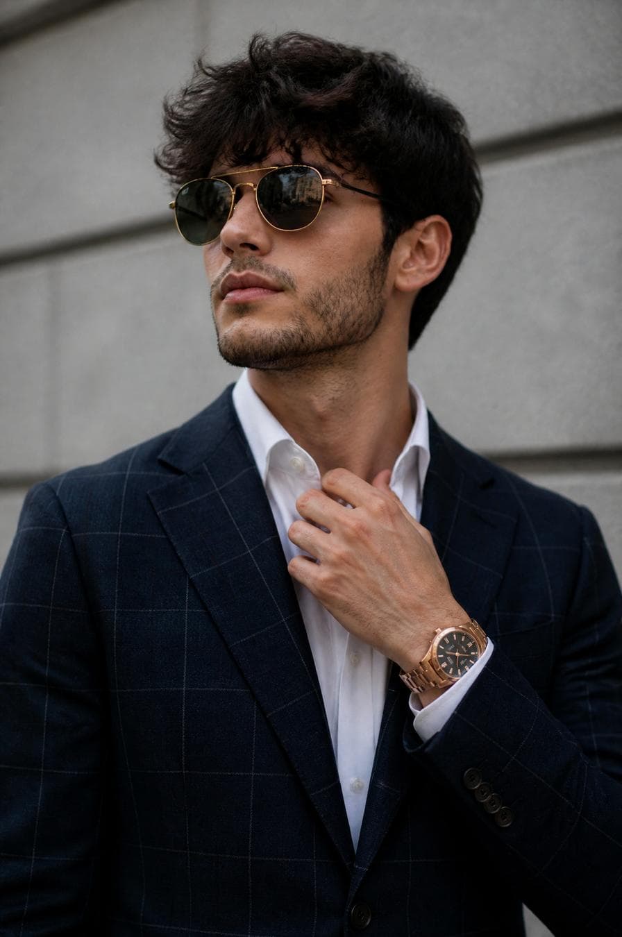 A young man with dark, textured hair and light stubble is captured in a medium shot, adjusting his crisp white shirt collar while wearing a navy blue windowpane-check blazer. He sports thin-framed gold aviator sunglasses that reflect ambient light, paired with a prominent rose-gold wristwatch featuring a metallic sheen. The lighting is soft and diffused, characteristic of overcast daylight, which minimizes harsh shadows and renders skin tones with natural subsurface scattering. The background consists of a neutral, smooth grey stone wall that provides a muted, non-distracting contrast to the subject’s sharp sartorial details. The composition utilizes a shallow depth of field, ensuring the man remains the sole focal point against the slightly blurred, monochromatic architectural backdrop. *…