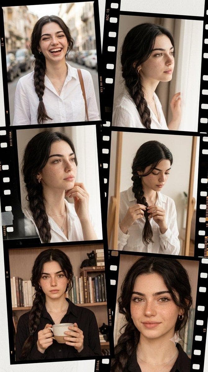 Vintage filmstrip collage of a woman Ultra-realistic IMAX-level Netflix-style asymmetrical film-style memory collage portrait, 9:16 vertical composition, use the uploaded reference image as the primary facial reference for the young woman with maximum face consistency and highest identity preservation, maintaining the exact facial identity, facial structure, eye shape, nose, lips, hairstyle influence, skin tone and overall appearance from the reference image, no facial changes, no age changes and no body distortion, a cool style fresh and realistic portrait photography collage designed like a rolling timeline of memories, composed of overlapping film frames, contact-sheet strips and transparent negatives arranged in an artistic asymmetrical layout, featuring the same young woman with luminous fair milky skin and ultra-smooth natural skin texture, her face showing a range of soft authentic emotions including joyful laughter while walking, a thoughtful and dreamy expression while looking out the window, quiet concentration while fixing her hair in the mirror, a calm cozy mood while holding a coffee, and a gentle natural smile in a candid close-up, her hairstyle preserved from the reference image with clean detailed strands and realistic texture across every frame, each panel feeling like a different personal memory captured across one beautiful visual story, clean and vibrant styling with youthful sweetness and energetic charm, soft and bright natural front lighting creating a diffused glow across her face and making the skin appear luminous and refined, ultra-rich color with creamy skin tones, fresh pastel highlights, soft daylight whites, clean neutrals and subtle warm accents creating a premium Korean editorial aesthetic, crisp facial features and sharp hair detail in every frame, realistic film-border details…