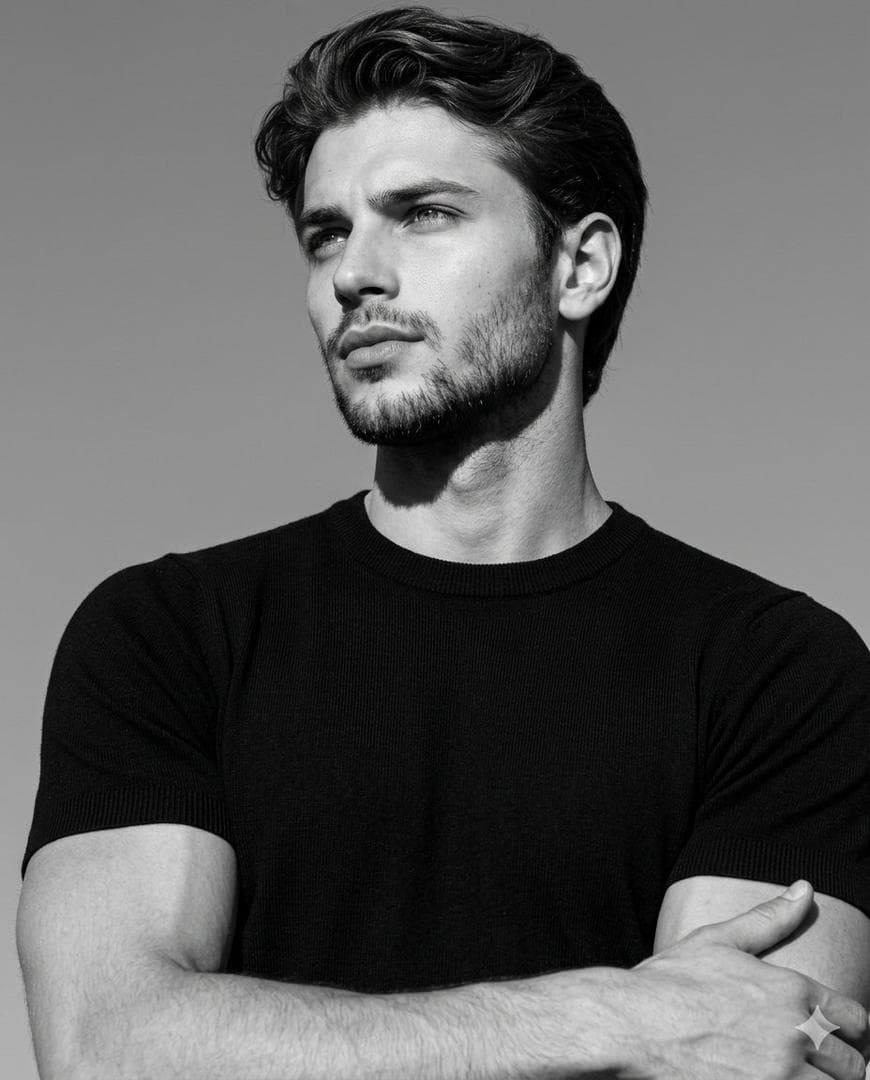 Ultra-realistic black-and-white editorial portrait, low-angle shot, 4:5 aspect ratio. The man fills about 85-90% of the frame in a medium close-up, showing the head, neck, shoulders, upper chest, upper arms, and part of the forearms, with only a small amount of empty space above his head. A handsome athletic man wearing a plain black fitted ribbed crew-neck short-sleeve sweater. His arms are loosely crossed. His body is turned slightly (20°) while his head is turned slightly to the left and tilted upward, with his eyes looking off-camera toward the upper left, giving a calm, confident, thoughtful expression. Strong hard natural sunlight from the upper left illuminates the left side of his hair, forehead, eye, cheek, nose, beard, neck, shoulder, and…