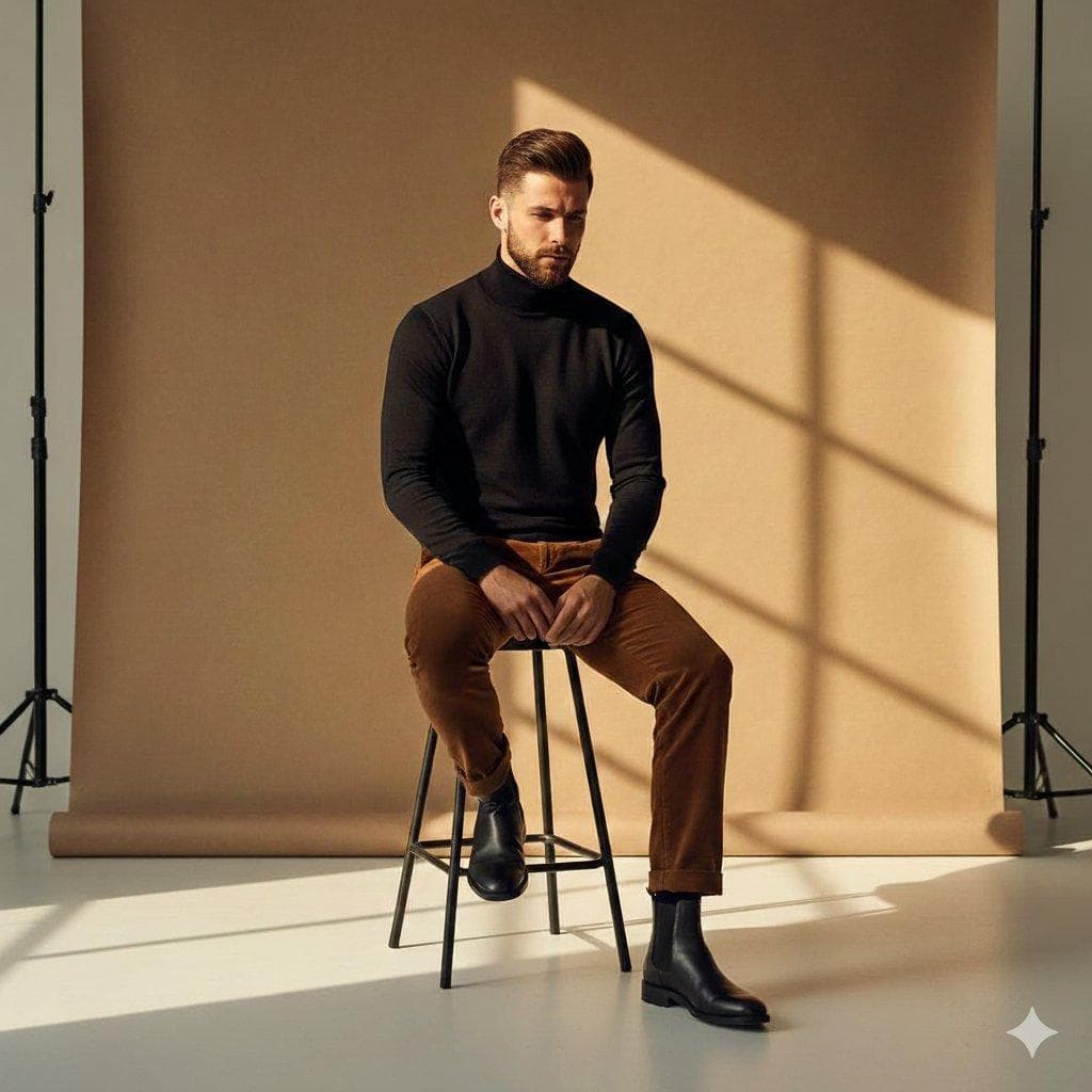 A high-fashion cinematic portrait of a man with a groomed beard and pompadour hairstyle, sitting on a black metal barstool. He is wearing a black turtleneck, brown corduroy trousers with rolled cuffs, and polished black leather Chelsea boots. The background is a minimalist studio with a white floor and a large tan-colored backdrop. Dramatic golden hour sunlight streams in, creating a…
