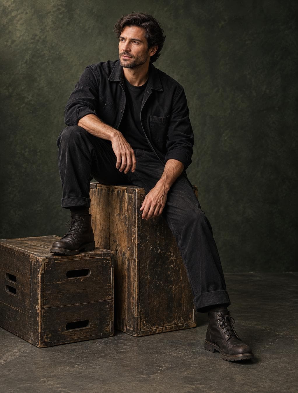 A contemplative adult man sits diagonally on a tall, worn wooden crate, one leg extended toward the floor and one hand relaxed over his knee, creating an informal editorial pose. A large soft key light from upper left illuminates his face and hands with warm natural skin tones, while the black workwear absorbs light into deep folds and controlled shadow. The weathered crates show scuffed wood, muted brass-brown edges, and rough grain against a dark green, mottled studio backdrop with subtle atmospheric falloff. The composition is a full-length portrait framed vertically, balancing the centered figure with stacked crates in the lower foreground and negative space around his head. * **Style:** Photorealistic editorial…