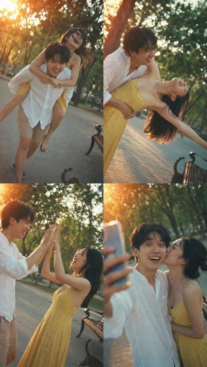 A 4-panel candid photo collage captured by accident with a cheap 2005 pocket digital camera, forced flash off, golden hour in a quiet urban park. A young East Asian couple in casual outfits—he wears a rumpled white linen shirt and beige shorts, she wears a faded yellow sundress—caught in four playful moments, their faces 100% photorealistic, completely unaware of the camera. Panel 1: He gives her a piggyback ride, both mid-laugh, her head thrown back, hair blowing across her face, his grin wide but tired. Motion blur softens his legs and her swinging feet. Panel 2: He dips her backward playfully, her arm stretched out for balance, both laughing with eyes crinkled, his hand gripping her waist, her dress falling open. Motion blur softens her extended arm and her flowing hair. Panel 3: They stand face to face, mid-high five, both laughing with open mouths, eyes squinted against the sun, hands mid-air. Motion blur softens their raised hands and the slight sway of their bodies. Panel 4: He holds up his phone for a selfie, she leans in to kiss his cheek, his eyes wide with happy surprise, her eyes closed, lips pressed gently. Motion blur softens his phone hand and her…