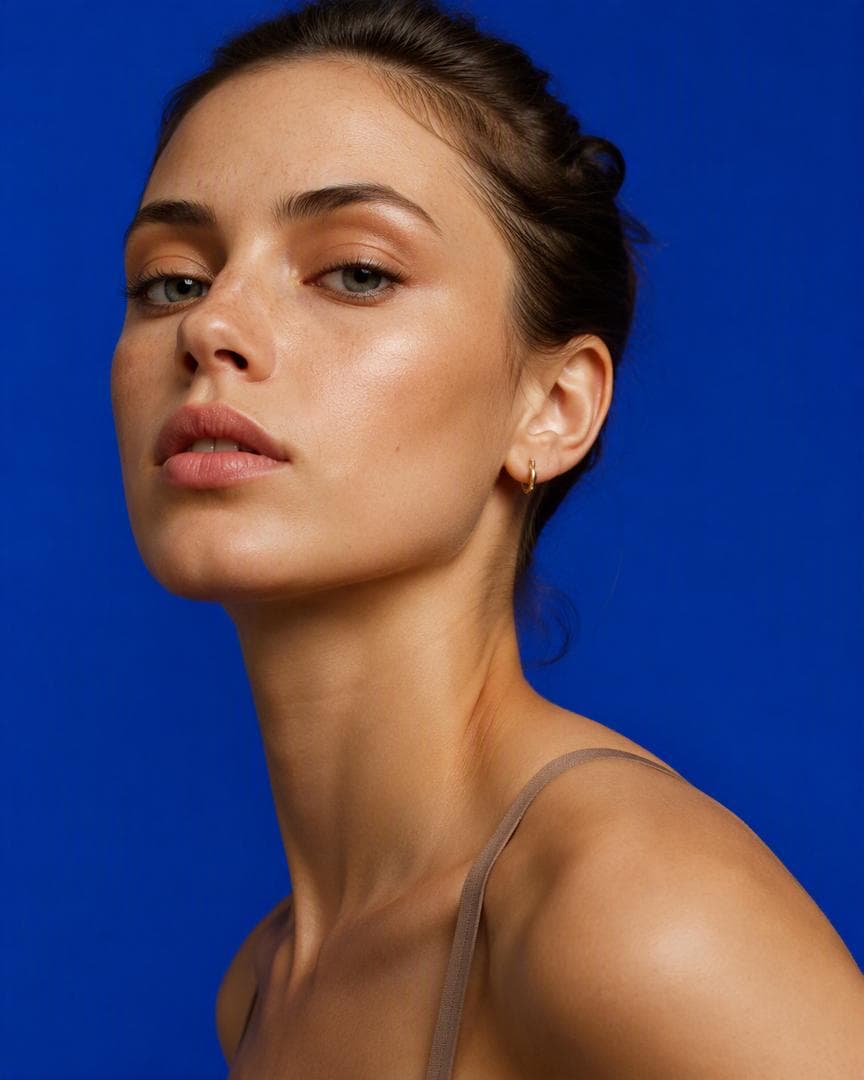 Create a hyper-realistic 4:5 editorial fashion portrait of a young woman against a bold, saturated solid color background (e.g., deep emerald, vibrant coral, or rich indigo). The portrait itself is fully photorealistic detail, but the stark color field creates a high-impact graphic design feel. Minimal fashion styling, strong…