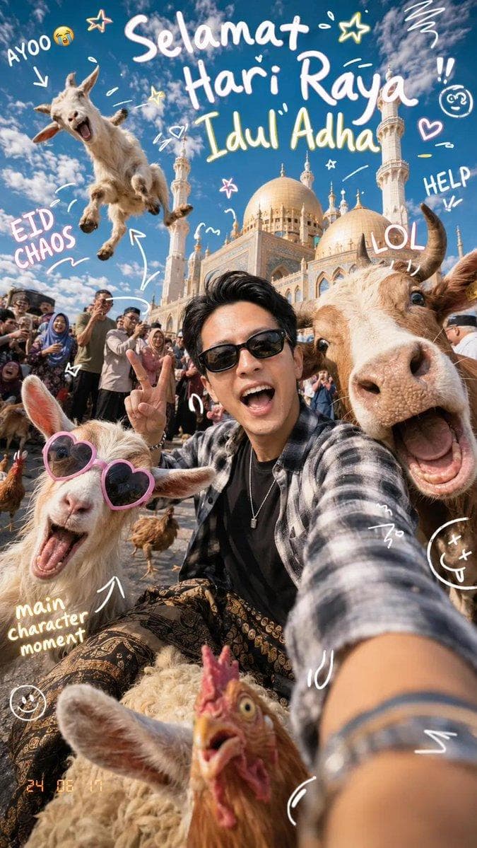 Ultra-realistic super cute chaotic Eid al-Adha selfie photograph in front of a dreamy pastel-toned grand mosque during bright sunny afternoon, featuring an adorable stylish young woman (face photo refference) taking a playful ultra-wide-angle smartphone selfie surrounded by funny wholesome animal chaos. The young woman wears a soft pastel cream oversized cardigan layered over a flowy white dress with cute ribbon details, paired with chunky pastel sneakers and tiny heart-shaped accessories. Her long dark hair flows softly in the wind with colorful mini hair clips and ribbon pins. She smiles brightly with sparkling eyes while making a tiny finger-heart pose toward the camera, giving soft bubbly “cute chaos” energy. Camera style: extreme fisheye selfie perspective, slight smartphone distortion, playful close-up framing, TikTok / Instagram selfie aesthetic, dynamic arm-reaching composition, candid chaotic energy. Surrounding her are adorable expressive farm animals: a fluffy baby goat wearing tiny pink sunglasses, a smiling cow with flower crown photobombing beside her, another baby goat jumping happily behind her, tiny chicks waddling around her feet, a sleepy sheep sitting adorably in foreground, and one goat trying to lick the camera lens. Background: beautiful giant mosque with glowing cream domes and tall white minarets, soft pastel blue sky, warm fluffy clouds, busy Eid celebration crowd, cute wholesome festival atmosphere, people laughing and reacting in the background. Add playful cute doodles everywhere: tiny pastel hearts, sparkles, comic stars, handwritten texts like: “CUTIE CHAOS 🐐✨” “HELP 😭” “EID BESTIE” “too cute to handle” “AAAAA” small arrows pointing at funny animals, sticker-style smiley faces, pastel flower doodles, soft glitter…
