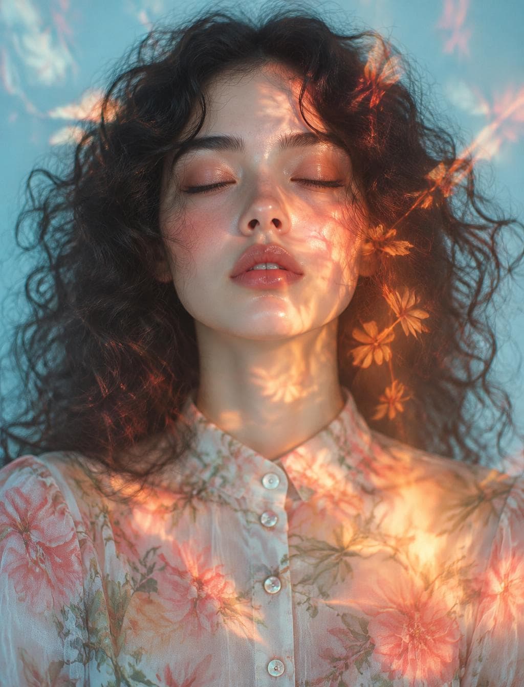 A young woman with closed eyes and softly parted lips faces the camera in a centered, contemplative portrait, her voluminous black curls framing a luminous porcelain complexion. Translucent coral, peach, and golden light forms drift across her face, hair, and pastel floral blouse like projected flames or blurred reflections, creating layered double-exposure interference while preserving delicate facial detail. Cool cyan ambient illumination fills the pale blue background, contrasting with warm orange highlights and producing soft specular glints on her skin and collar buttons. The composition is symmetrical and intimate, with the head and shoulders dominating the frame, shallow focus dissolving the garment edges into an airy, dreamlike atmosphere. * **Style:** Dreamlike…