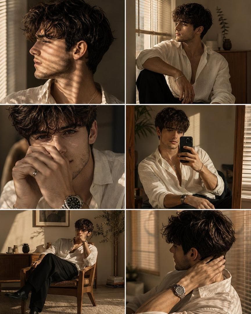 Ultra realistic luxury men's fashion editorial collage featuring the same handsome young man in six different cinematic lifestyle portraits, arranged in a clean magazine inspired grid with thin white borders separating each frame. Every panel features the same person, wearing the same outfit, photographed during warm golden hour inside a modern minimalist apartment. The subject has naturally wavy medium length dark brown hair with soft volume and textured curls falling over the forehead, thick eyebrows, warm olive skin, a sharp defined jawline, high cheekbones, straight nose, subtle stubble, full lips, and a calm, mysterious expression. His appearance is effortlessly elegant and masculine. He wears an oversized ivory white linen button up shirt with the top three buttons casually undone, exposing part of the collarbone and chest, sleeves loosely rolled to the forearms, paired with tailored black trousers. Accessories include a stainless steel luxury wristwatch, a thin silver bracelet, a minimalist necklace, and a subtle silver ring. The lighting is entirely natural golden hour sunlight streaming through large windows fitted with Venetian blinds, creating dramatic horizontal shadow patterns across the face, shirt, walls, and furniture. The warm amber sunlight produces cinematic contrast, soft highlights, realistic skin glow, and rich atmospheric depth. Panel 1: Close side profile portrait looking toward the window, strong jawline highlighted by warm sunlight, relaxed expression, dramatic blind shadows crossing the neck and cheek. Panel 2: Medium portrait sitting beside a window, body turned slightly sideways while gazing outside thoughtfully, relaxed posture with one arm resting on the knee. Panel 3: Tight emotional close up with both hands gently covering part of the mouth, luxury wristwatch prominently visible, eyes partially hidden by soft hair, cinematic shadow patterns across the face. Panel 4: Casual mirror selfie holding a black smartphone in one hand while seated indoors, soft sunlight illuminating the shirt and face, relaxed fashion aesthetic. Panel 5: Wide lifestyle portrait sitting comfortably in a vintage wooden chair, legs crossed naturally, one hand touching the face while surrounded by warm evening light, minimalist interior visible. Panel 6: Close portrait…