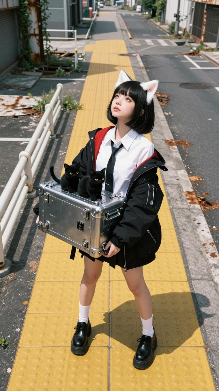 主体与动作 一位短直发波波头、留着整齐平刘海的动漫风格少女，头顶长有一对醒目的白色猫耳。她身穿白色水手风校服衬衫，系着细黑色领带，外搭一件带有红色内衬的超大号黑色机能风外套，下身穿着白色中筒袜与厚底黑色松糕鞋。她站在布满黄色盲道砖的城市人行道上，双手托举着一个沉重的长方形机械金属箱，箱体表面伏卧着几只黑色小猫。少女头部笔直向上仰望天空。 构图与视角 超广角鸟瞰镜头，俯视视角。少女精准地站在黄色盲道条纹中央，构图强调城市地面的网格感，背景展现出广阔荒废、爬满藤蔓的街道与锈迹斑斑的城市基础设施，景观向远方无限延伸。 光影与氛围…