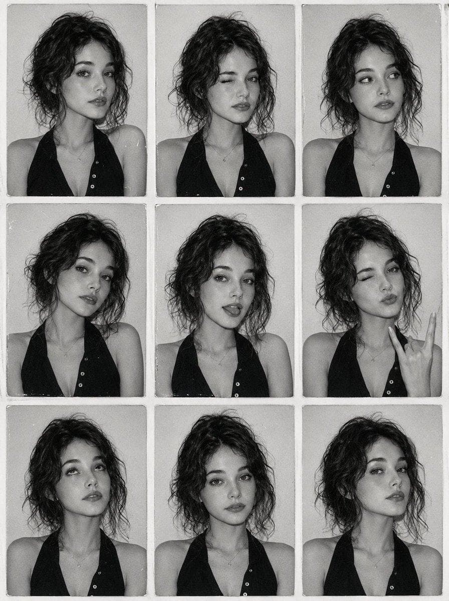 Use the reference photo while keeping the face completely unchanged and identical to the original subject, create an ultra-realistic 3×3 vintage photo booth collage featuring the same beautiful young woman in nine different candid poses. The collage should resemble authentic analog passport/photo booth strips with clean white borders around each frame and subtle film imperfections. She has long, voluminous dark wavy hair with soft layers, flawless porcelain skin, natural full brows, minimal soft-glam makeup, wispy lashes, and slightly glossy nude lips. She wears a fitted black halter-neck button-front top with a deep V neckline and a delicate minimalist necklace. Capture nine unique expressions and poses: 1. Neutral expression looking directly at the camera. 2. One eye closed in a playful wink. 3. Looking off to the side with a thoughtful expression. 4. Slight head tilt with relaxed lips. 5. Playfully sticking out her tongue. 6. Winking while making a rock-and-roll hand gesture. 7. Looking upward with a dreamy expression. 8. Calm, serious portrait with direct eye contact. 9. Chin slightly raised with a soft editorial gaze. Convert the entire collage to high-contrast monochrome (black and white) with subtle matte tones, authentic film grain, tiny dust particles, faint scratches, and a nostalgic analog photo booth feel. Background should remain plain and uncluttered, keeping full focus on the subject. Vintage photo booth aesthetic, Y2K Tumblr style, indie sleaze, Pinterest moodboard, Korean ulzzang vibe, candid expressions, realistic skin texture, natural hair movement, photorealistic facial details, soft frontal lighting, shallow depth of field, disposable camera look, 35mm film…