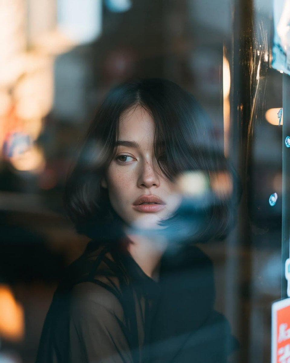 Ultra-cinematic close-up portrait of a young woman sitting inside a dark urban café, photographed from outside through a large reflective glass window. She has a sleek chin-length black bob with a center part, soft loose strands falling naturally across her face, pale realistic skin with subtle freckles, light green-gray eyes, soft natural lips, minimal makeup, and a quiet, distant, melancholic expression. She wears an elegant all-black outfit with sheer black sleeves. Her face is visible beneath multiple layers of glass reflections: blue streaks from passing cars, blurred city buildings, warm orange lights, street silhouettes and abstract urban shapes flowing across the frame. The reflections partially obscure her face, creating a dreamy double-exposure effect. Warm golden-hour sunlight gently cuts across sections of her face and glossy hair while the café interior remains dark and atmospheric. Intimate candid composition, subject looking sideways or subtly toward the camera, natural unposed body language, shallow…