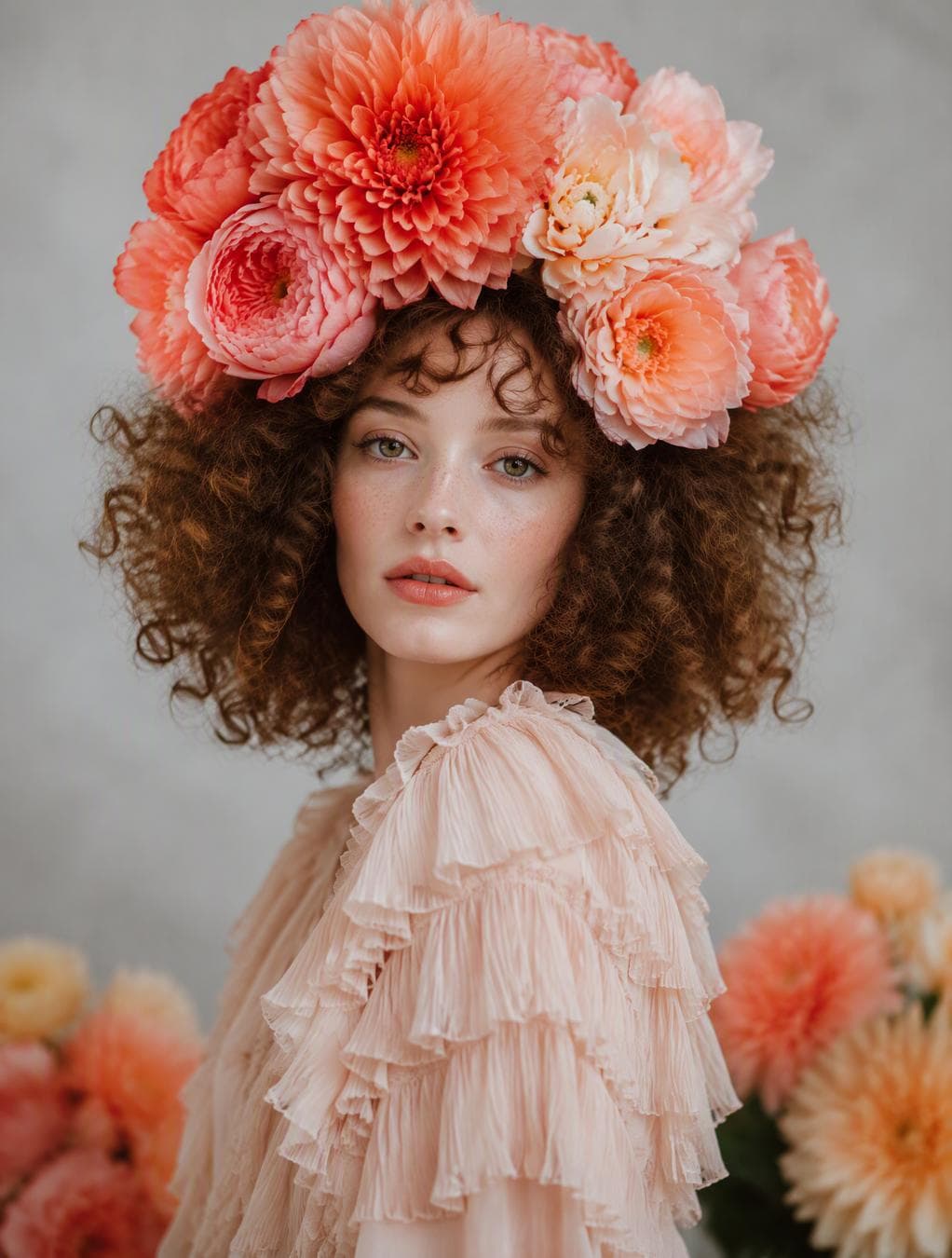 A detailed studio portrait of a young woman with voluminous, natural curly brown hair, looking directly at the camera with a calm, neutral expression. She wears an elaborate, sculptural headpiece made of large, blooming dahlias and peonies in shades of soft coral, peach, and blush pink, arranged in a dramatic crown. Her light skin is fair with light freckles, and her lips are tinted with a natural, light peach color. She wears a pale, soft pink blouse with…