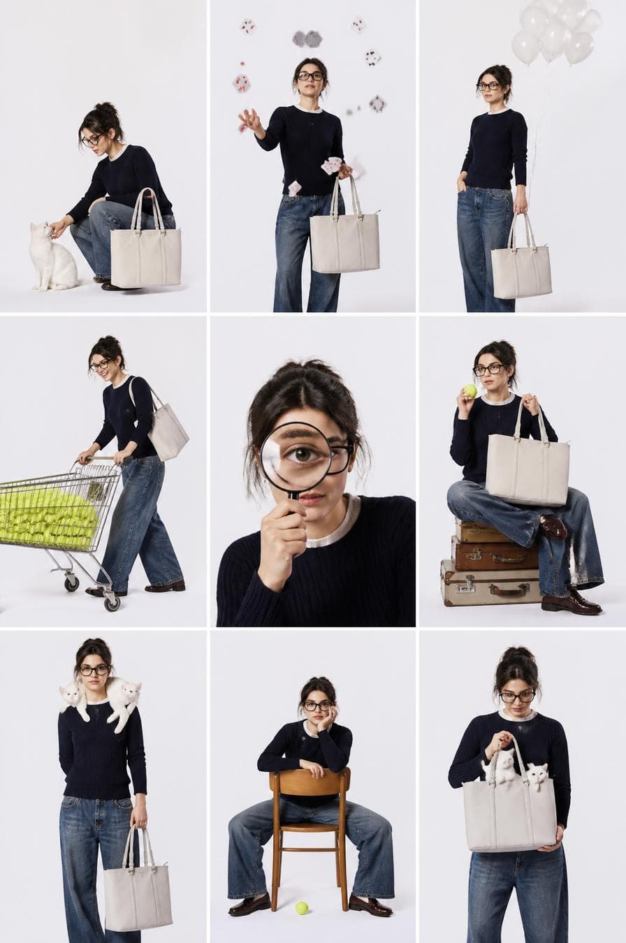 studio fashion collage, 3x3 grid layout, same subject repeated in different poses across all panels, clean seamless white background, soft diffused studio lighting, minimalist aesthetic, playful editorial storytelling subject styled in smart casual outfit (navy sweater, relaxed denim, glasses, polished shoes), holding and interacting with a structured luxury handbag as the central prop, quirky narrative scenes in each frame: top row — crouching and interacting with a white cat beside handbag, tossing playing cards mid-air while holding bag, standing holding a bunch of white balloons middle row — pushing a shopping cart filled with bright tennis balls, close-up portrait using a magnifying glass toward camera, sitting on stacked vintage suitcases holding handbag with a tennis ball bottom row — standing with cat draped over shoulders…