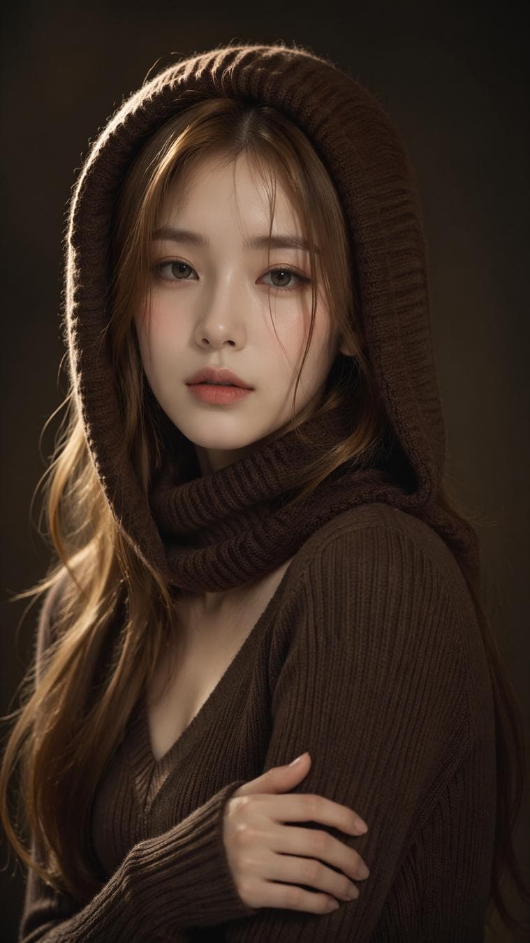 Vertical bust portrait photo, beautiful young East Asian girl, long gradient light golden brown hair, thin strands of hair falling on cheeks, wearing integrated thick ribbed knit hooded scarf in chocolate brown, clear wool texture, matching dark brown v-neck slim ribbed knit top, soft light makeup, matte light pink lips, big clear eyes looking straight at camera, one hand gently resting on arm, soft studio side fill light, delicate three-dimensional facial shadow, minimalist dark gradient background, soft rim light outlining hair, unified low-saturation warm brown tone, Korean gentle pure…