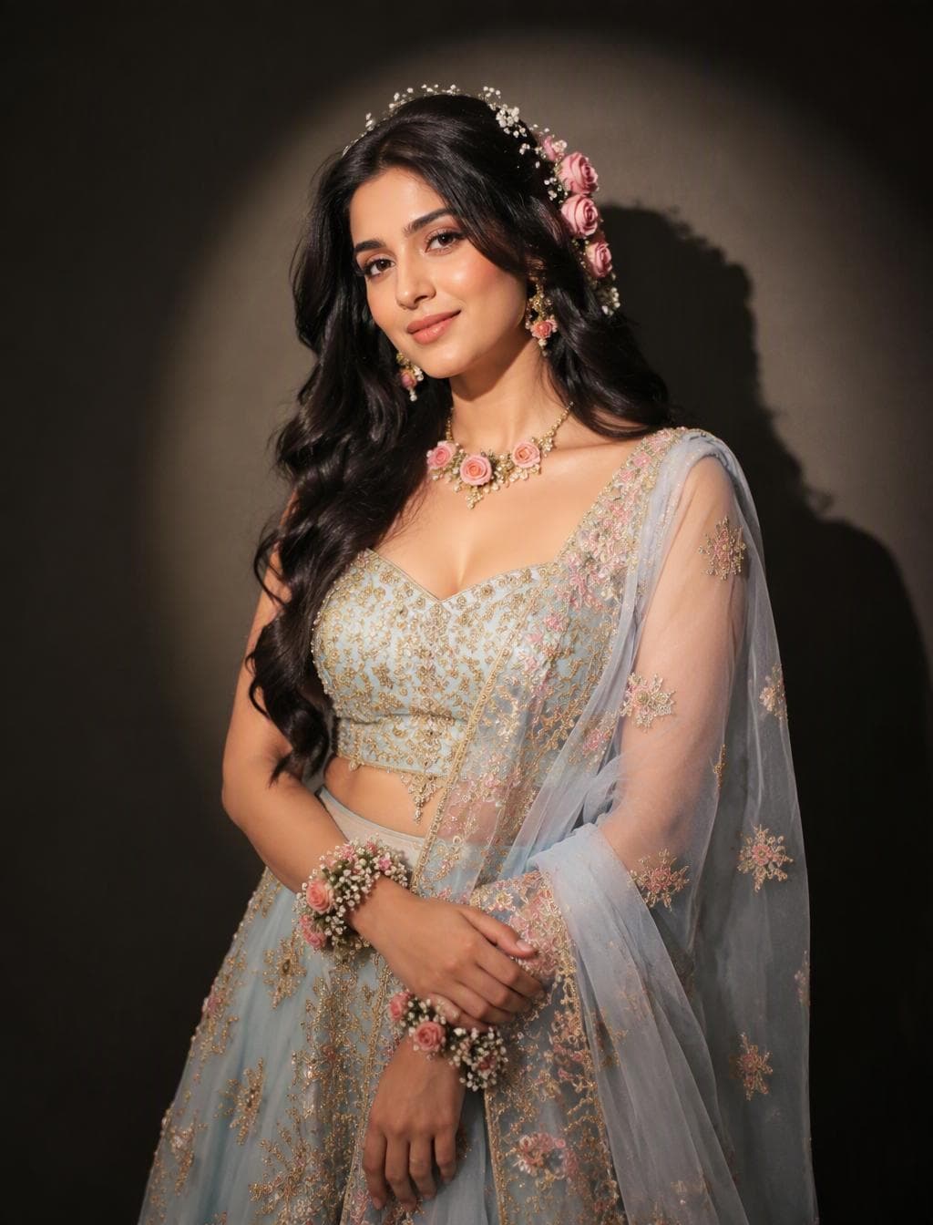 Elegant portrait of a woman in soft spotlight against a dark background, casting a clean shadow behind her. She wears a pastel blue lehenga with intricate gold embroidery and a sheer dupatta with pink and gold detailing. Floral accessories in her hair, long wavy black hair resting over her shoulders. Subtle jewelry…