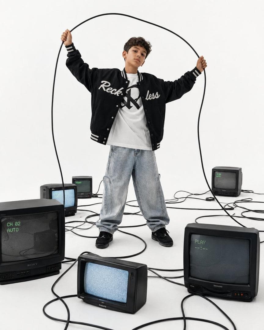 A premium editorial fashion campaign photographed in a seamless white cyclorama studio with a clean minimalist aesthetic. A stylish boy around 10 years old stands confidently in the center, holding a long black power cable stretched above his head, creating an abstract curved frame. He wears an oversized black varsity jacket with bold white embroidered script lettering, an oversized white graphic T shirt, light wash baggy jeans, and black athletic sneakers. Around him are multiple vintage CRT televisions of different sizes scattered across the white floor, each connected by long tangled black cables that flow naturally through the composition. Bright high key studio lighting from large softboxes creates soft shadows and…