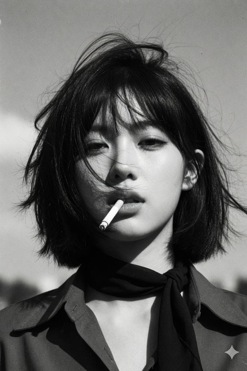 Create a 1970s black-and-white close-up portrait in a windswept outdoor setting, black and white noise.Camera/look: eye-level, front ¾ view (~30° off-axis); 85–105 mm portrait perspective; vertical 2:3, tight head-and-shoulders crop; shallow DoF f/2.8–f/4; subject centered.Lighting: hard natural sunlight from upper camera-left with minimal fill; crisp shadows; subtle rim on hair; sky as bright mid-tone background; no blown highlights.Pose & expression: subject faces camera, chin slightly down, lips parted with a cigarette held between them; gaze relaxed/half-lidded; hair blown across the face by wind, partially covering one eye.Wardrobe & styling: dark collared shirt with open neck; thin black neck scarf tied loosely; no logos/jewelry.Grade: high-contrast monochrome with rich…