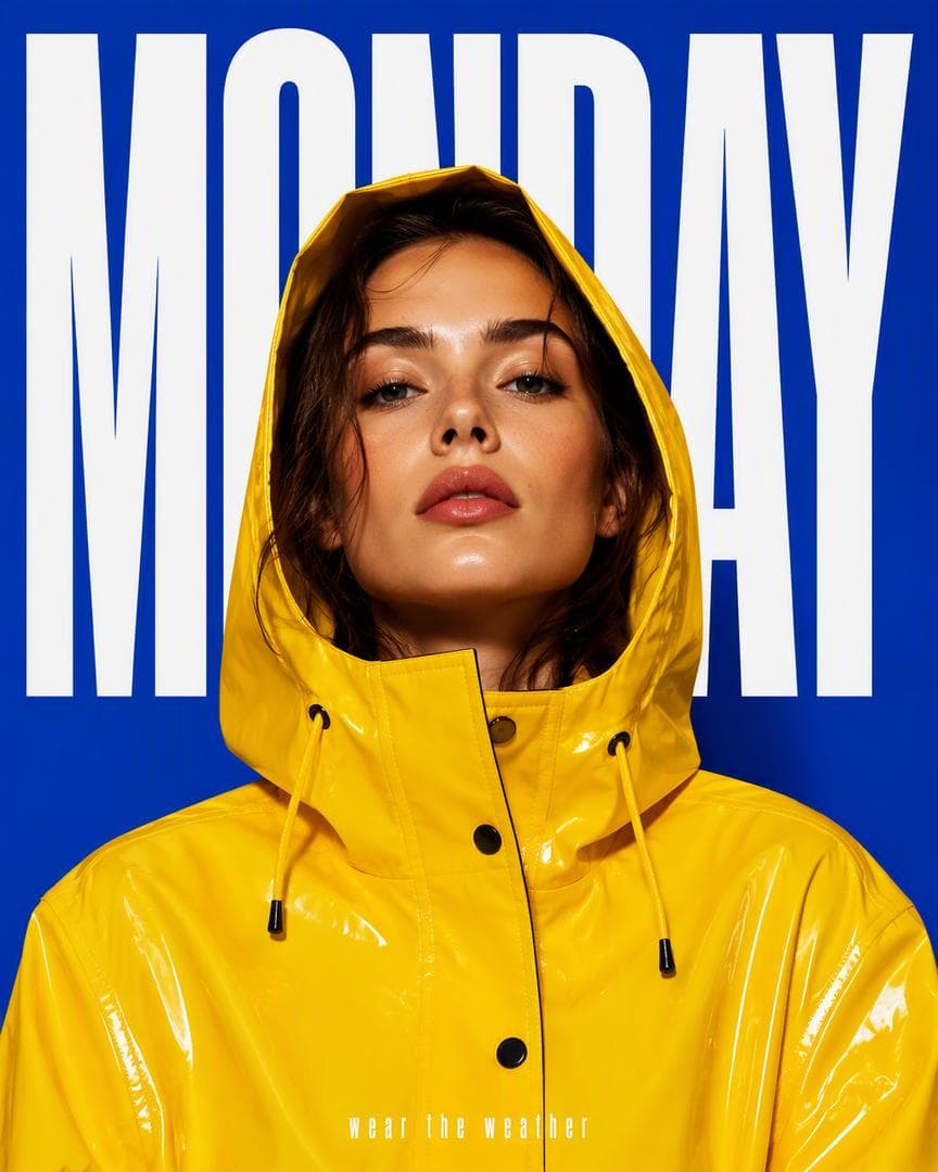 Editorial fashion poster. A young woman with glowing skin and a confident direct gaze wears a glossy canary-yellow vinyl raincoat with the hood up, standing against a flat, saturated cobalt-blue studio background. An enormous white condensed word "MONDAY" fills the width of the frame behind her, partially hidden by her head and shoulders so she appears layered in front of the type. Small fine-print line at the bottom: "wear the weather". Crisp studio lighting…
