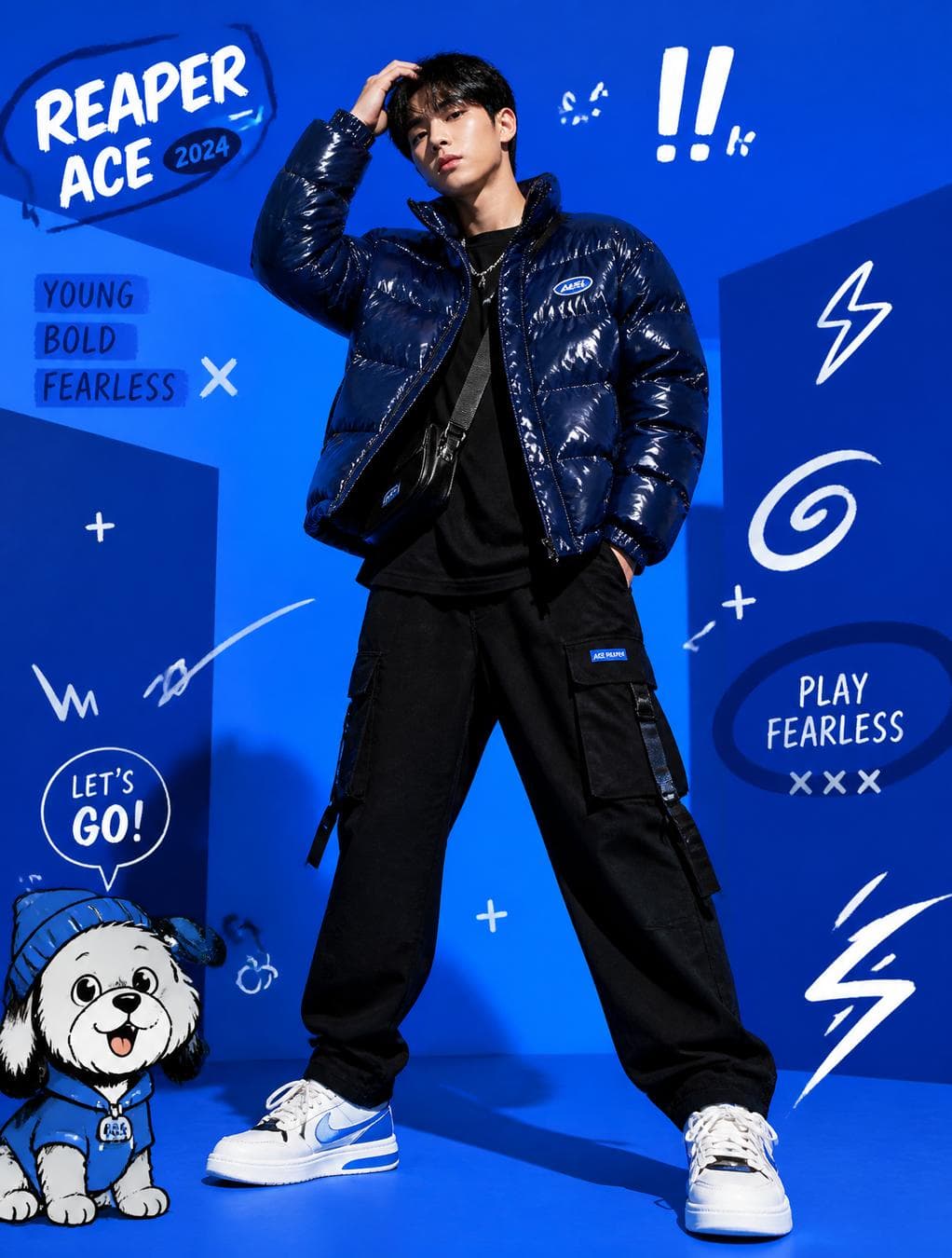 A full-body fashion editorial scene against a vibrant electric-blue studio background with layered geometric blue shapes and overlays. The composition has a youthful, energetic pop-art aesthetic blending realistic streetwear photography with playful 2D graphic doodles. The character is standing in a confident wide-leg pose, one hand casually touching their hair/head, facing the camera. Outfit includes a glossy navy blue puffer jacket as the centerpiece, layered over a minimal dark t-shirt, black cargo pants, a small black crossbody utility bag, and white sneakers with blue accents. Hand-drawn white doodles are scattered around the scene, including cartoon-style motion swirls, lightning bolts…