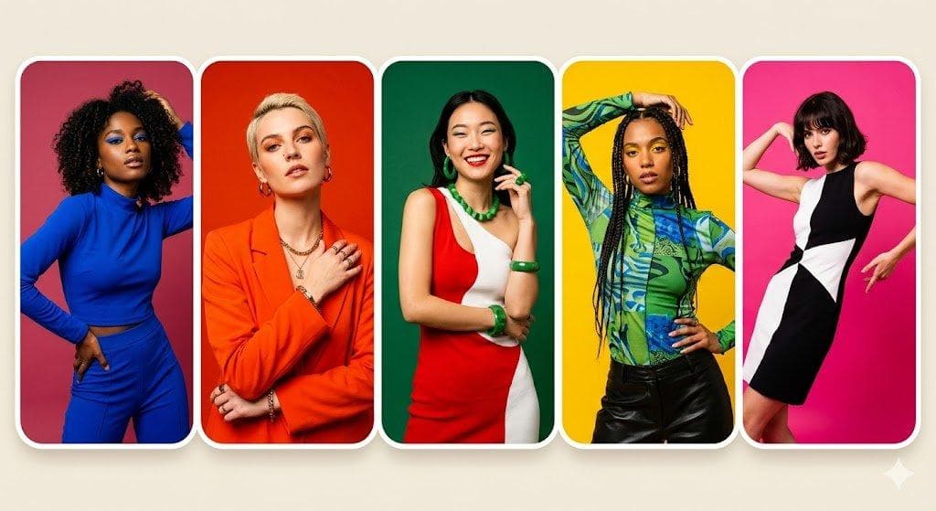 5 panel colorful portrait collage, fashion models, monochrome backgrounds (pink, red, green, yellow), vibrant studio lighting, modern…