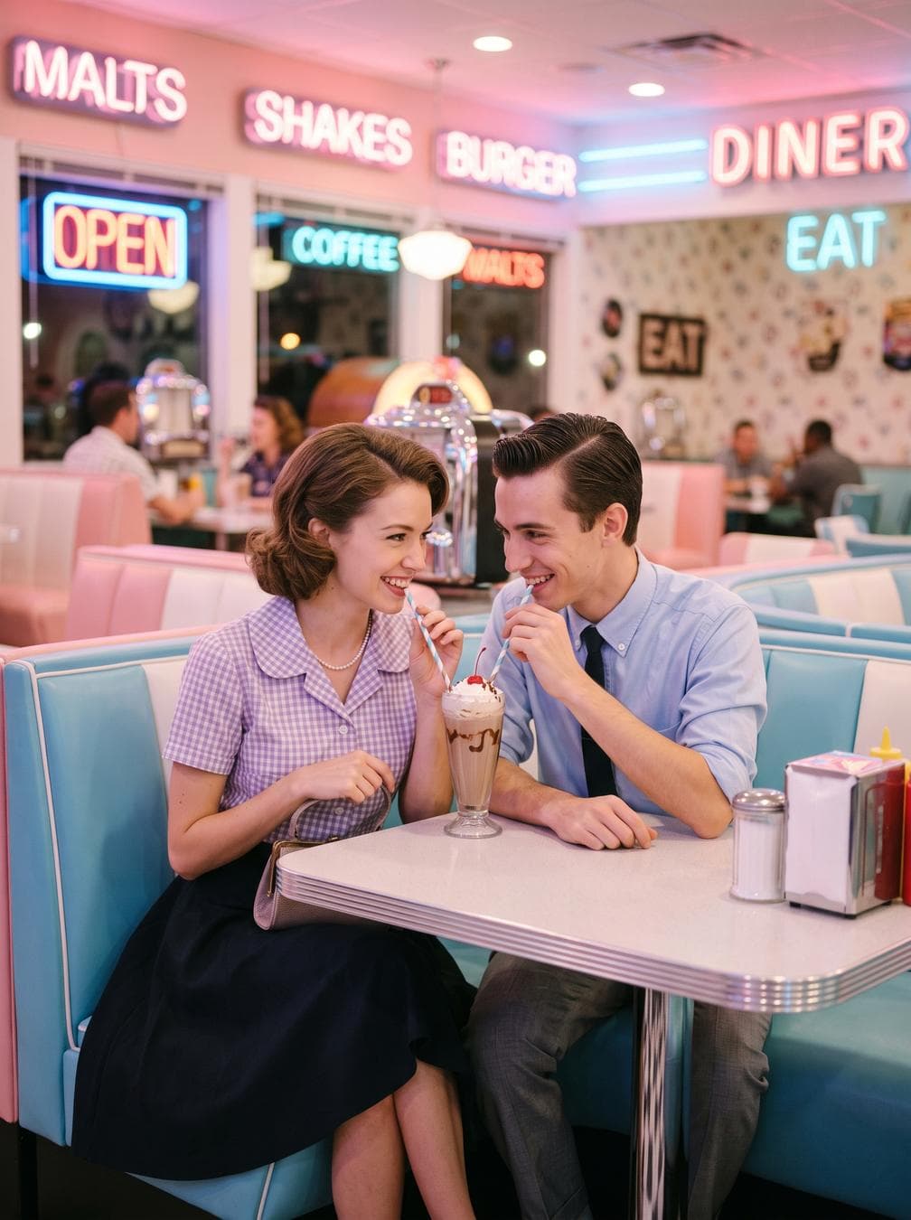 Create a 4K portrait of a thin, not mid weighed, couple sitting in a 1950s diner, sharing a milkshake. The couple should be wearing 1950s fashion clothing. The setting should feature pastel-colored booths and neon signs in the background. The photo should…