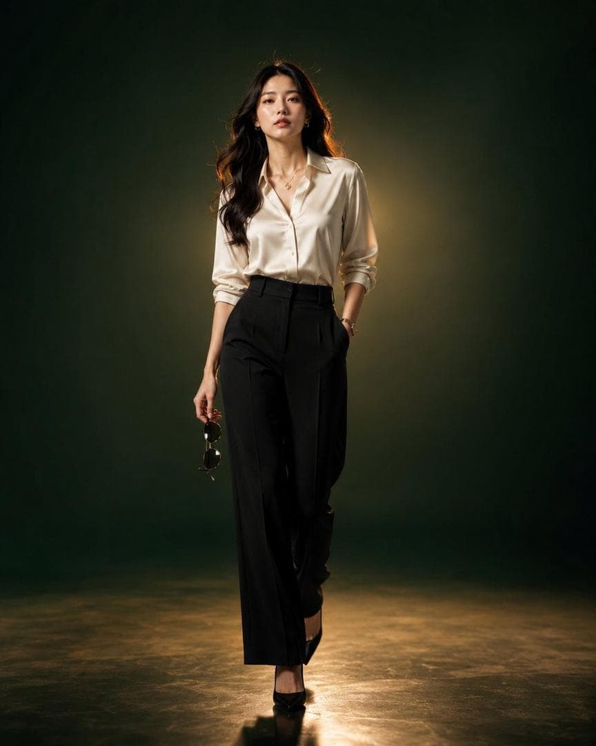 An ultra-premium luxury fashion editorial portrait of a beautiful young East Asian woman with long, naturally wavy black hair and flawless natural makeup, walking confidently toward the camera with a calm, powerful CEO-like presence. She wears an elegant ivory silk satin button-up blouse with soft natural folds, tucked into high-waisted tailored black wide-leg trousers, paired with black pointed-toe leather heels. One hand rests casually inside the trouser pocket while the other hand loosely holds a pair of luxury black sunglasses. She wears minimal refined gold jewelry including a delicate necklace, small earrings, a luxury gold wristwatch, and a subtle bracelet. Background: A seamless premium studio backdrop featuring a deep emerald green fading into dark forest green with a perfectly smooth gradient. Behind the subject is a large soft warm golden circular spotlight creating beautiful depth and luxury separation. The polished studio floor has a very subtle cinematic reflection without appearing glossy. Pose: Walking naturally toward the camera with crossed strides, shoulders relaxed, spine perfectly straight, chin slightly raised, confident posture, elegant runway-inspired movement, natural arm swing, luxurious body language, eyes looking directly into the lens with a composed editorial expression. Lighting: Premium Vogue-style three-point studio lighting with a large soft diffused key light, warm golden rim light outlining the hair and shoulders, subtle fill light preserving realistic shadows, cinematic HDR lighting, soft highlight roll-off, realistic reflections on the satin fabric, rich contrast, luxury commercial photography lighting. Camera: Full-body portrait, eye-level angle…
