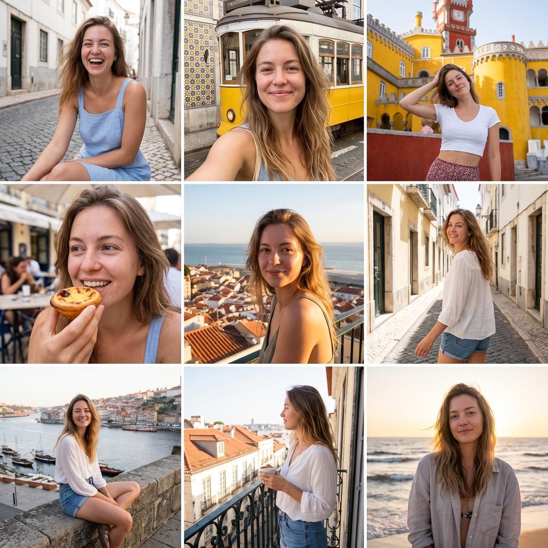 {"Objective":"Create a 3x3 photo grid featuring the same extremely attractive woman in Portugal, captured in natural smartphone photography with an authentic lifestyle aesthetic.","Composition":{"layout":"3x3 grid","aspect_ratio":"1:1","framing":"each square represents a different candid moment, forming a cohesive Instagram profile grid"},"Subject":{"type":"young woman","appearance":{"beauty":"extremely attractive, natural beauty","skin":"realistic skin texture, no smoothing, no glossy finish","makeup":"light natural makeup with subtle emphasis (e.g., soft lips, minimal foundation)","hair":"naturally styled, slightly wind-swept or imperfect"},"consistency":"same woman across all 9 images"},"Wardrobe":{"style":"summer European fashion","outfits":["light linen dress","casual crop top with skirt","flowy blouse with shorts","beachwear or relaxed outfit"]},"Environment":{"location":"Portugal","scenes":["Lisbon streets with tiles and trams","Pena Palace with colored walls","Eating Nata in Pastéis de Belém","Cais da Ribeira view in Porto","viewpoints overlooking the city","sunlit narrow streets","balcony or window with scenic view","stone pathways and historic textures","sunset by the ocean"]},"Photography":{"camera":"smartphone","style":"Instagram lifestyle photography","lighting":"natural sunlight, golden hour, soft shadows","imperfections":["slight motion blur","natural grain","uneven exposure","authentic…