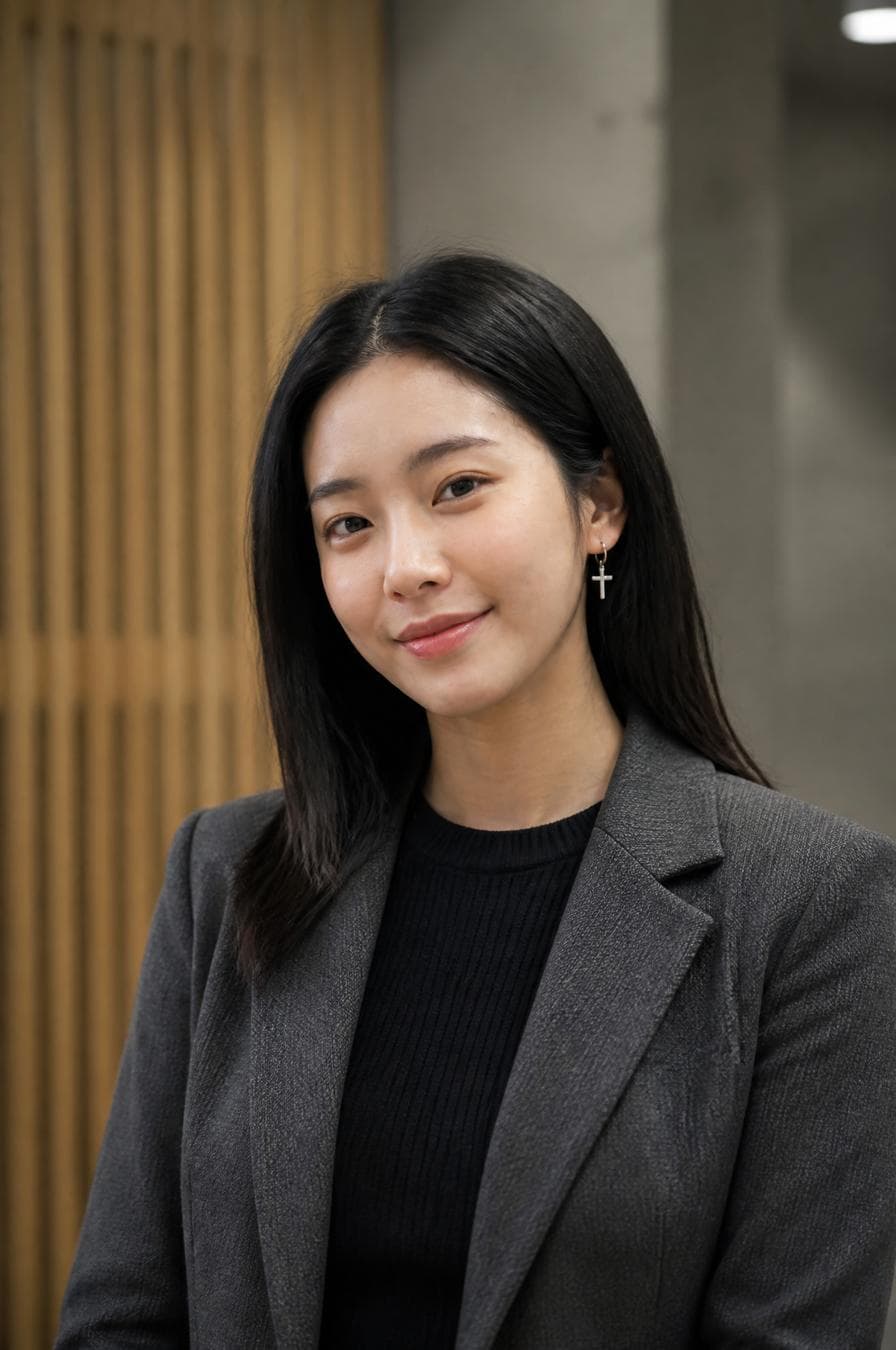 A young East Asian woman with shoulder-length dark hair stands in a professional interior, her expression soft and composed. She wears a textured charcoal wool blazer over a dark knit sweater, the fabric displaying subtle weave patterns and matte light absorption. The lighting is characterized by soft, diffused overhead illumination that creates gentle highlights on her skin and minimal shadow transition across her face, emphasizing a natural, clean complexion. The background is a shallow-depth-of-field architectural space, featuring vertical wood slats and muted concrete textures that blur into creamy bokeh, isolating the subject in the mid-ground. The overall color palette is neutral and desaturated, relying on realistic skin tones and professional attire to convey a sophisticated, corporate…