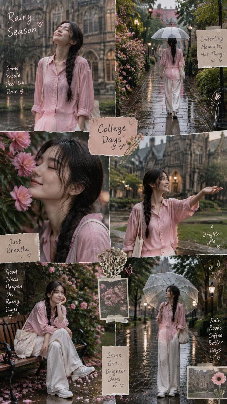 Create an ultra-realistic Pinterest-style rainy season collage in a vertical 9:16 format. The collage contains 6 different candid photographs arranged in an elegant moodboard layout. A beautiful young woman wears an oversized pastel pink button-up shirt and loose-flowing white wide-leg pants. Her long dark hair is styled in a soft braid with a few loose strands framing her face. She is enjoying a gentle rainy day on a charming university campus filled with old European-style architecture, flower-covered pathways, wet stone walkways, and lush greenery. Photo 1: Standing peacefully with eyes closed, enjoying the rain. Photo 2: Walking away under a transparent umbrella along a flower-lined pathway. Photo 3: Close-up portrait beside blooming pink flowers, eyes closed, soft dreamy expression. Photo 4: Smiling while stretching one hand into the falling rain. Photo 5: Sitting on a bench surrounded by flowers, relaxed and thoughtful. Photo 6: Standing under a transparent umbrella on a reflective rain-soaked campus road. Wet pavement reflects lights and flowers. Pink flower petals are scattered on the ground. Soft rainfall creates a dreamy atmosphere. Warm earthy tones mixed with cool rainy weather create a romantic mood. Include handwritten-style aesthetic doodles, tiny hearts, flowers, raindrop illustrations, paper-note stickers, scrapbook elements, and Pinterest moodboard decorations. Add elegant handwritten captions such as: "Rainy…
