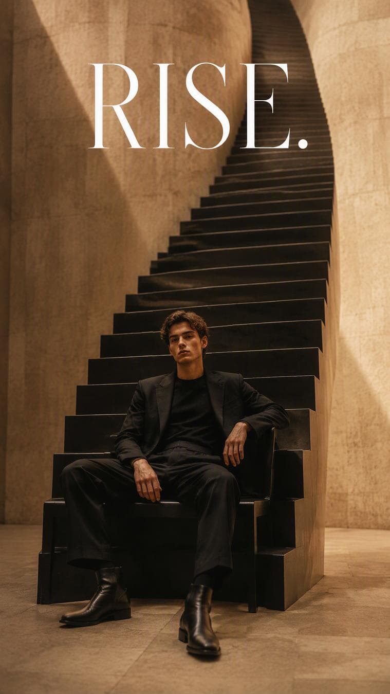 Create a premium 9:16 editorial portrait of a young male model sitting on a minimalist black chair.The chair gradually transforms into a monumental architectural staircase extending upward behind him.The transformation is seamless and…