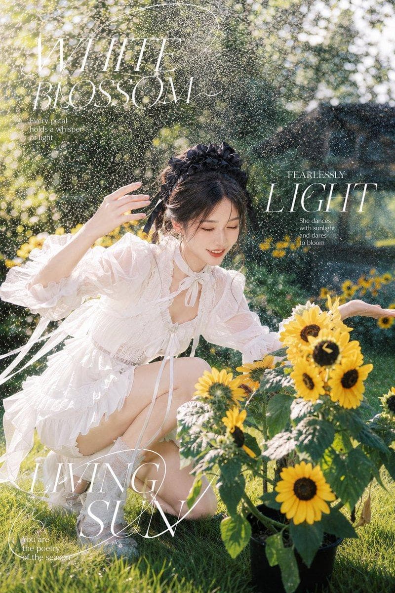 夏日花园里的唯美杂志写真海报,一位年轻成年亚洲女性,清冷淡颜,精致五官,干净自然妆容,眼神安静但有力量,黑色头发盘起,搭配黑色蝴蝶结发饰,发丝微微凌乱,有夏天微风感。 她穿着白色荷叶边蕾丝短裙,层叠薄纱、蝴蝶结绑带、轻盈蓬松的裙摆,整体纯白、清新、优雅,不暴露,带一点法式田园少女感。搭配白色蕾丝袜、玛丽珍鞋或小皮鞋。 场景在阳光充足的夏日花园,周围是大片向日葵、绿色草地、老旧木屋、藤编篮子、浇花水管、草帽、盆栽花。阳光从树叶缝隙洒下来,形成金色逆光,空气中漂浮水珠、喷雾、尘埃颗粒,画面有湿润的生命力和梦幻感。 人物可以做不同动作:抱着一束向日葵、拿着草帽回头看镜头、轻轻扶帽檐、抱着向日葵盆栽、在洒水喷雾中站立、转身提起裙摆。表情温柔、安静、自信,带一点“柔软但不好惹”的气场。 画面风格:高级时尚杂志封面、夏日田园、cottagecore、dreamy sunlight、soft focus、浅景深、胶片质感、细腻皮肤纹理、真实摄影感、清透明亮、空气感强、唯美浪漫、生命力、优雅、轻盈。 加入高级英文排版,白色细衬线字体,高级杂志风,文字可以倾斜、竖排、错落分布,部分文字贴近人物身体边缘但不遮挡脸部。整体排版干净、留白高级、有设计感。 英文排版文字可用: LUMINOUS PRESENCE WHITE BLOOM BLOOM IN LIGHT SOFT COMMAND PURE VITALITY QUIET POWER ELEGANT FORCE ALIVE IN SUNLIGHT BLOOM WITH…