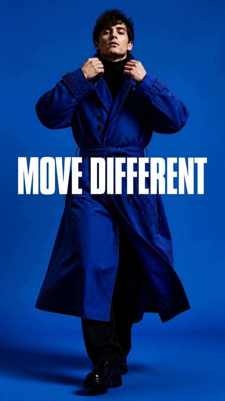 Premium 9:16 editorial portrait. Main Subject: Young male model wearing an oversized cobalt-blue trench coat. Pose: Walking directly toward the camera while adjusting the collar. Camera: Slightly below eye level with shallow depth of field. Background: Electric blue seamless…