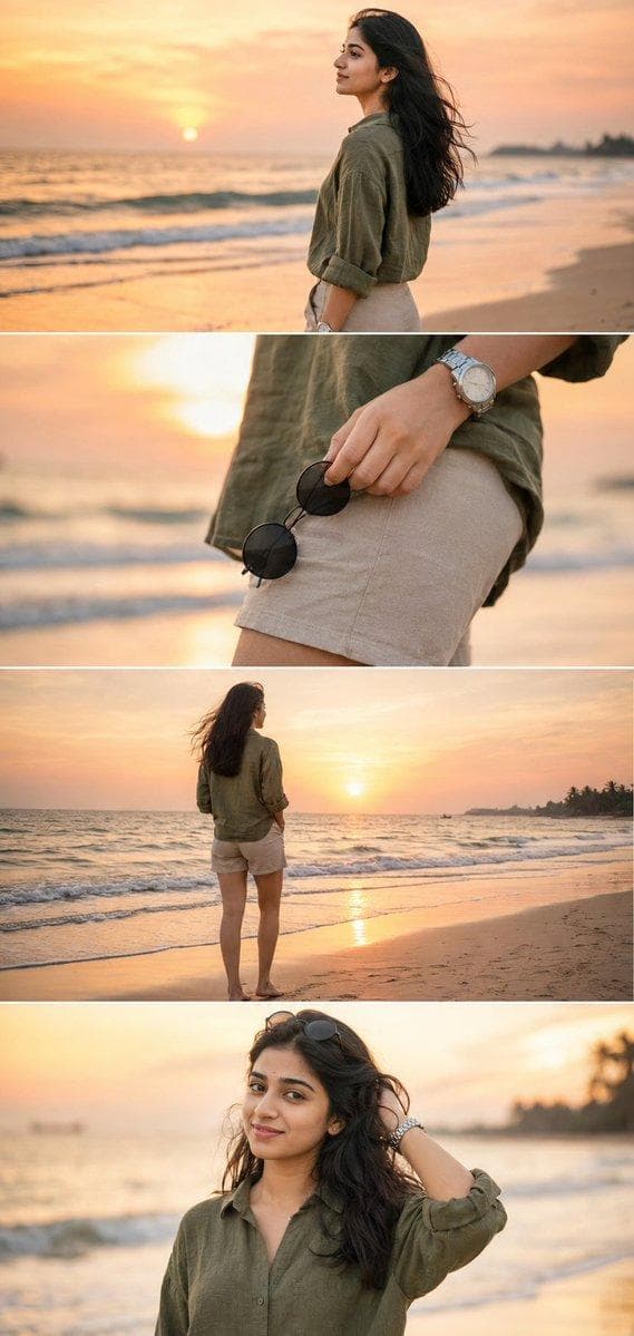 Ultra-realistic DSLR cinematic beach photoshoot collage featuring the SAME girl from the uploaded reference image. Use the uploaded image as the facial identity reference and preserve her face exactly — identical facial structure, jawline, eyes, nose, lips, skin tone, hairstyle, expression style, body proportions, and natural appearance. Maintain a perfect realistic likeness with no beautification, age modification, face enhancement, or stylization. Create a premium Instagram portrait collage in 3:4 ratio (1080×1440), consisting of 4 vertically stacked photos separated by thin white dividers. The layout should resemble a luxury cinematic Instagram reel cover with balanced spacing and elegant composition. Environment: Golden sunset beach, pastel orange-pink sky, soft ocean waves, reflective wet sand, dreamy tropical atmosphere, warm cinematic sunlight, shallow depth of field, realistic DSLR photography, natural colors, highly detailed textures. Outfit: Olive green linen shirt with rolled sleeves, beige beach shorts, silver wristwatch, holding black round sunglasses. Photo 1: Medium side-profile portrait looking toward the horizon, calm and relaxed expression, soft ocean waves in the background, golden-hour lighting. Photo 2: Close-up detail shot of the hand holding black round sunglasses near the shorts pocket, shallow depth of field, cinematic focus, blurred beach background. Photo 3: Back-view full-body shot standing near the shoreline facing the ocean during sunset, relaxed posture, gentle sea breeze moving the hair naturally. Photo 4: Candid portrait touching hair with a subtle smile, warm sunlight illuminating the face, dreamy beach atmosphere, authentic natural emotion. Photography Style…