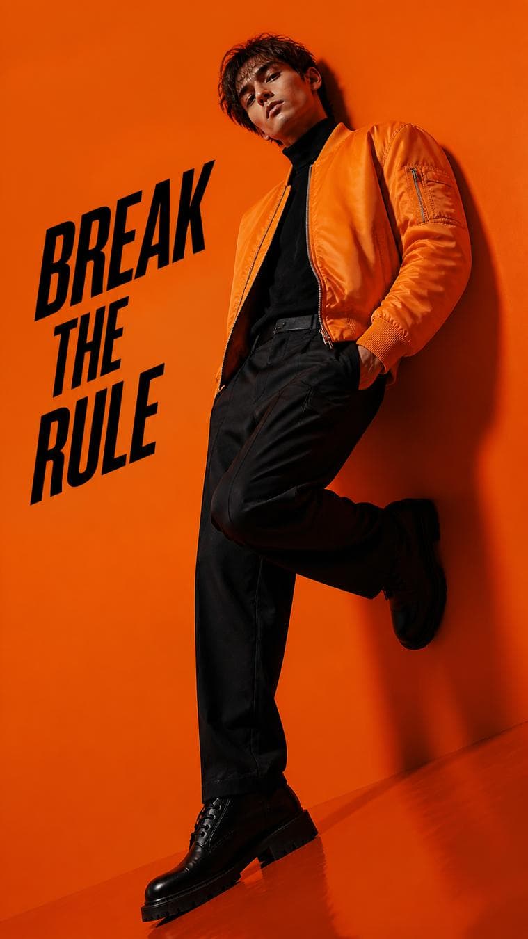 Premium fashion campaign. Main Subject: Male model wearing a bright orange bomber jacket. Pose: Leaning dramatically against an invisible wall with one foot elevated. Camera: Dutch angle creating dynamic tension…
