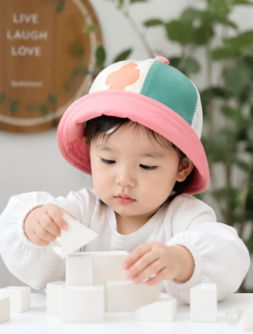A young toddler with soft, fair skin is captured in a candid, focused moment while interacting with white geometric toy blocks on a table. The child wears a bright, multi-colored bucket hat—featuring pink, green, and white mesh panels—which casts gentle, soft-focus shadows across their face. The lighting is bright and diffuse, likely from an indoor ambient source, minimizing harsh contrast and emphasizing the smooth texture of the child's skin and the matte finish of the white long-sleeved garment. The background is slightly out of focus, featuring a decorative wooden plaque and lush green foliage, creating a shallow depth of field that keeps the subject as the primary focal point of…