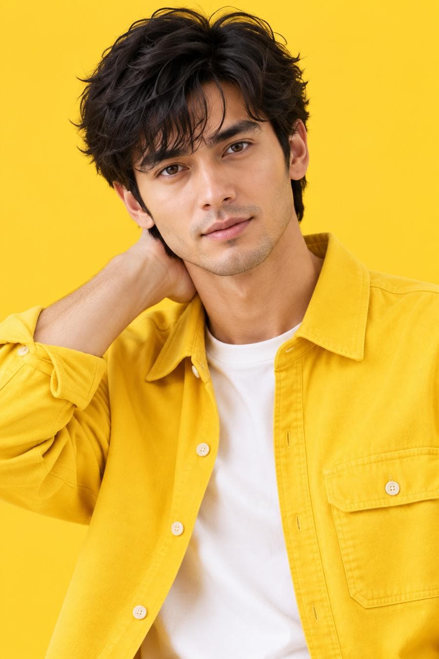 Premium fashion campaign. Main Subject: Young male model wearing a bright sunflower-yellow overshirt. Pose: Holding the back of his neck while smiling slightly. Camera: Tight portrait…