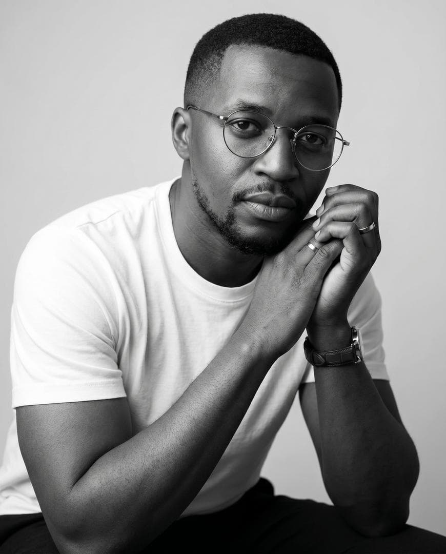 high-end black and white indoor studio portrait of the same person as the reference image. [use the attached portrait as identity reference; preserve facial features 90–95% (bone structure, skin tone, proportions)., close-cropped hair and short beard, wearing a plain white t-shirt, round eyeglasses, wristwatch and a few simple rings, leaning slightly forward with elbows on knees, hands gently clasped near his chin, thoughtful calm expression, looking directly at the camera, soft diffused lighting, plain light grey background, shallow depth of field, editorial-style realistic photography, high…