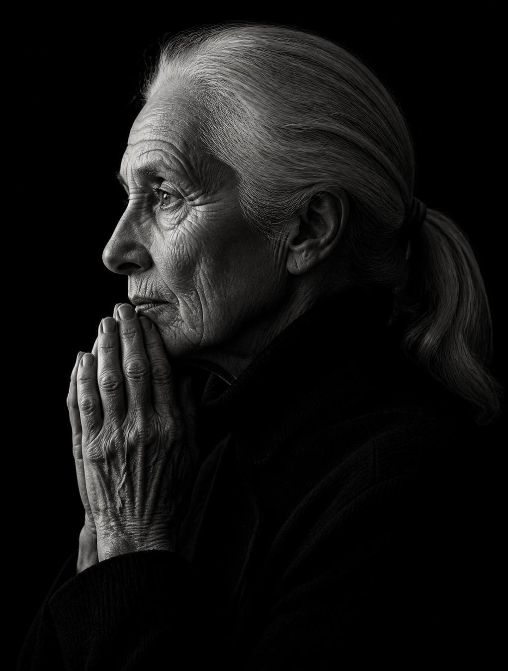 Create a dramatic black-and-white fine-art studio portrait of an elderly woman in left-facing side profile, positioned slightly left of center against a completely deep black background.The woman has silver-white hair pulled back into a low ponytail, with realistic individual hair strands visible along the scalp and ponytail. Her face is shown in sharp profile, with a long defined nose, deep forehead lines, crow’s feet, natural wrinkles, textured skin, and an expression of quiet contemplation. Her gaze is directed forward into the darkness, calm, serious, introspective, and dignified.Her hands are clasped together near her mouth and chin in a prayer-like or meditative gesture. The hands should be highly detailed, showing natural aging, wrinkles, tendons, veins, knuckles, and realistic skin texture. The fingertips lightly touch, and the pose should feel thoughtful, restrained, and emotionally powerful.She wears a black high-neck sweater or dark coat that blends almost completely into the black background, leaving only the illuminated face, silver hair, and hands visible. The composition should feel minimal, timeless, and elegant.Lighting: low-key cinematic studio lighting from the front-left and slightly above. Strong directional light creates bright highlights on the forehead, nose bridge, cheekbone, hair, and hands, while the far side of the face and body fall into deep shadow. Use dramatic chiaroscuro contrast, soft but controlled falloff, and rich black tones.Camera and composition: vertical portrait format, close side-profile framing, upper body and clasped hands visible, large negative space, minimalist fine-art composition. Use an 85mm or 105mm portrait lens look, sharp focus on the face and hands, subtle depth of field, realistic tonal detail, elegant…